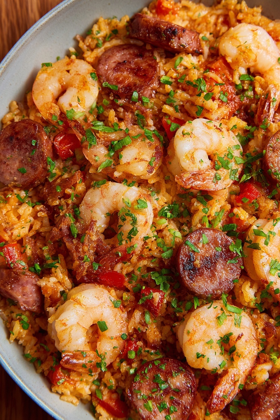 The dish has many layers mixed together, with orange-colored rice as the base layer, soft and slightly oily with small pieces of green herbs sprinkled on top. Scattered above the rice are light pink shrimp with a smooth texture and slightly curled tails, along with browned sausage slices that have a firm, slightly crispy surface and dark edges. There are also small pieces of red diced vegetables mixed throughout, adding touches of color. The entire mix is vibrant with shades of orange, red, green, and light pink, creating a rich, hearty look. Photo taken with an iphone --ar 2:3 --v 7 - Easy Shrimp and Sausage Jambalaya, shrimp and sausage jambalaya, quick cajun jambalaya, Southern shrimp and sausage skillet, flavorful jambalaya recipe