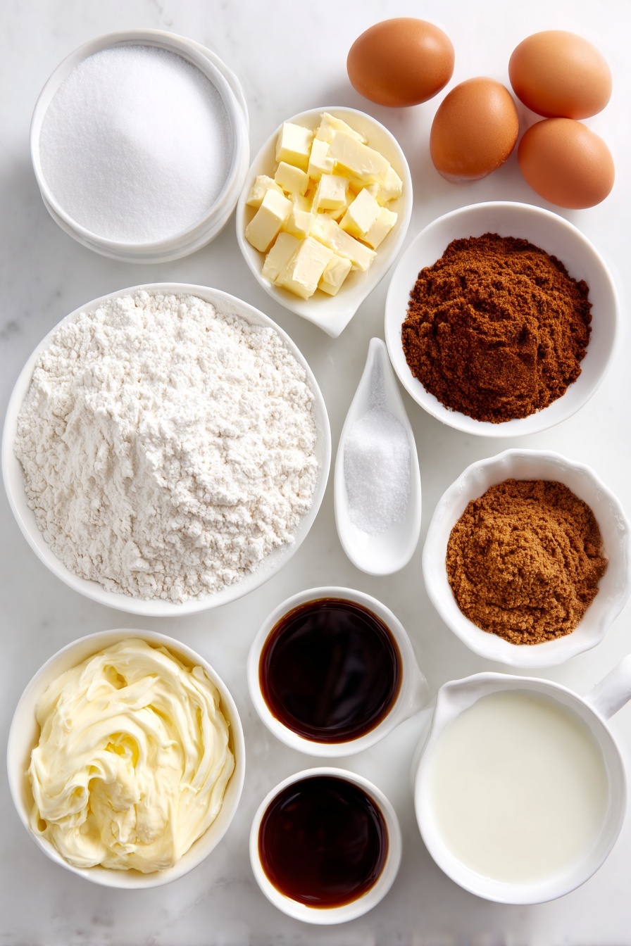 Flat lay of a small mound of all-purpose flour, two small white ceramic bowls—one with granulated sugar and one with brown sugar, a small white bowl holding baking soda, another with baking powder, a pinch of salt on a white spoon-shaped white ceramic dish, a heap of ground ginger, ground cinnamon, and ground cloves each in separate small white bowls, a small white bowl with melted unsalted butter, a white bowl filled with whole milk, two whole uncracked brown eggs, a small white bowl of dark glossy molasses, a few thin curls of freshly grated ginger root, and a small white bowl with clear vanilla extract placed on a clean white marble surface, soft natural light, photo taken with an iPhone, professional food photography style, fresh ingredients, white ceramic bowls, no bottles, no duplicates, no utensils, no packaging --ar 2:3 --v 7 --p m7354615311229779997 - Gingerbread Waffles, gingerbread waffles recipe, holiday breakfast waffles, spicy gingerbread waffles, cozy waffle ideas