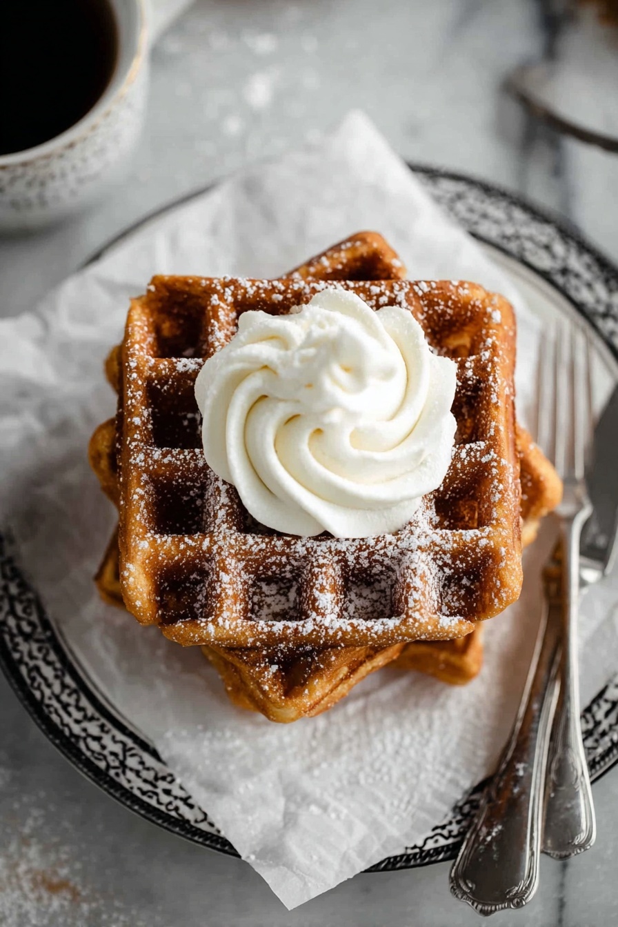 A stack of five golden-brown waffles sits on a white marbled surface, placed on white parchment paper atop a rustic round metal tray. On top of the waffles is a dollop of white whipped cream, with dark maple syrup being poured from a white small pitcher held by a woman's hand, flowing down over the whipped cream and waffles. Light powdered sugar is dusted lightly over the stack. To the right, a white coffee cup filled with black coffee rests on a matching saucer. A small metal sieve with powdered sugar sits nearby on the white marbled surface. The scene has soft, natural lighting and a simple, clean background. photo taken with an iphone --ar 2:3 --v 7 - Gingerbread Waffles, gingerbread waffles recipe, holiday breakfast waffles, spicy gingerbread waffles, cozy waffle ideas