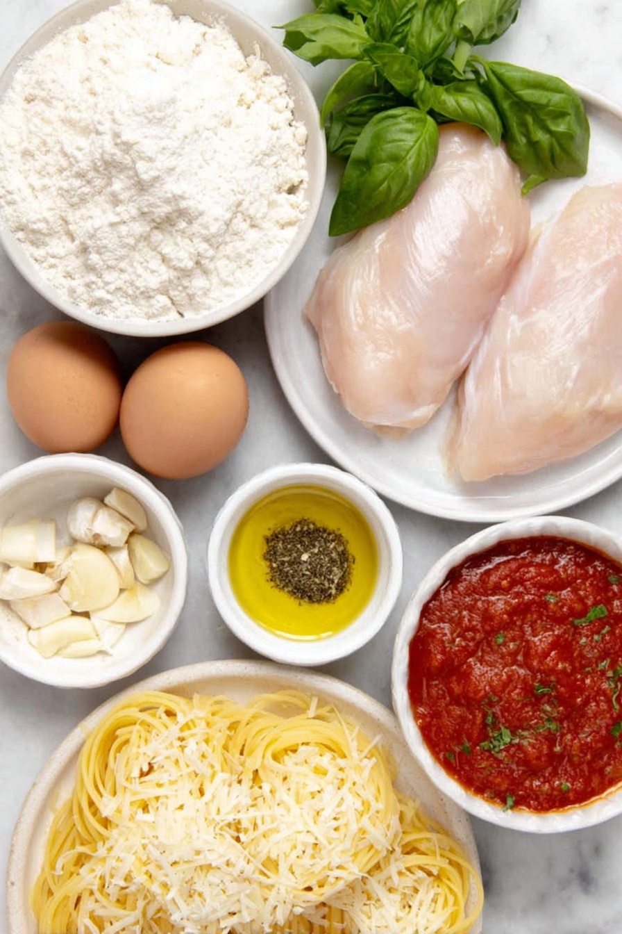 Flat lay of four raw boneless skinless chicken breasts seasoned with salt and black pepper, a small white bowl of all-purpose flour, two whole uncracked brown eggs, a small white bowl filled with Italian-style breadcrumbs mixed with grated Parmesan cheese, a small white bowl with golden olive oil, two small white bowls containing rich red pasta sauce and smooth tomato sauce, a small white bowl of minced fresh garlic, a small white bowl of Italian seasoning, a small mound of shredded mozzarella cheese, a neatly coiled bundle of cooked spaghetti noodles, and fresh sprigs of parsley and basil arranged symmetrically on a simple white ceramic plate, placed on a clean white marble surface, soft natural light, photo taken with an iPhone, professional food photography style, fresh ingredients, white ceramic bowls, no bottles, no duplicates, no utensils, no packaging --ar 2:3 --v 7 --p m7354615311229779997 - Crockpot Chicken Parmesan, slow cooker chicken parmesan, easy chicken parmesan dinner, effortless crockpot recipes, cheesy chicken parmesan