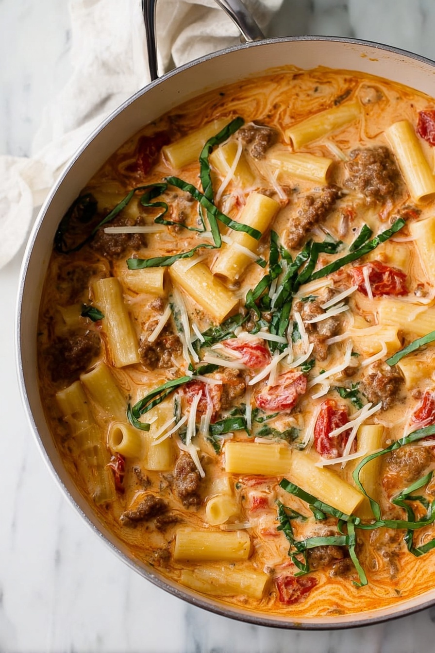 The image shows a creamy soup served in a white bowl with handles, placed on a white marbled surface. The soup has a light orange color with pieces of sausage visible near the center, topped with thin yellow pasta strips and thin green basil leaves. There are small red bits scattered on the surface of the soup, adding detail and texture. In the background, a large white pot and two more bowls of the same soup are slightly out of focus, giving depth to the image. Photo taken with an iphone --ar 2:3 --v 7 - Italian Sausage Soup with Cream, hearty sausage soup, creamy Italian sausage stew, cozy sausage and pasta soup, comforting sausage broth
