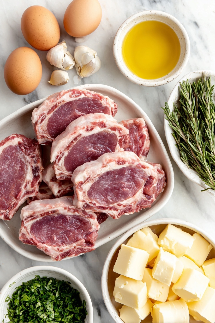 Flat lay of thick raw lamb chops, whole uncracked brown eggs, three peeled garlic cloves, a small bunch of fresh green parsley sprigs, a small bunch of fresh rosemary sprigs, two small white ceramic bowls with golden olive oil, one small white ceramic bowl with pale yellow butter chunks, coarse salt crystals and whole black peppercorns arranged neatly on a simple white ceramic plate, all placed on a clean white marble surface, soft natural light, photo taken with an iPhone, professional food photography style, fresh ingredients, white ceramic bowls, no bottles, no duplicates, no utensils, no packaging --ar 2:3 --v 7 --p m7354615311229779997 - Garlic Herb Lamb Chops Marinade, lamb chops marinade, garlic herb lamb, marinade for lamb, flavorful lamb recipes