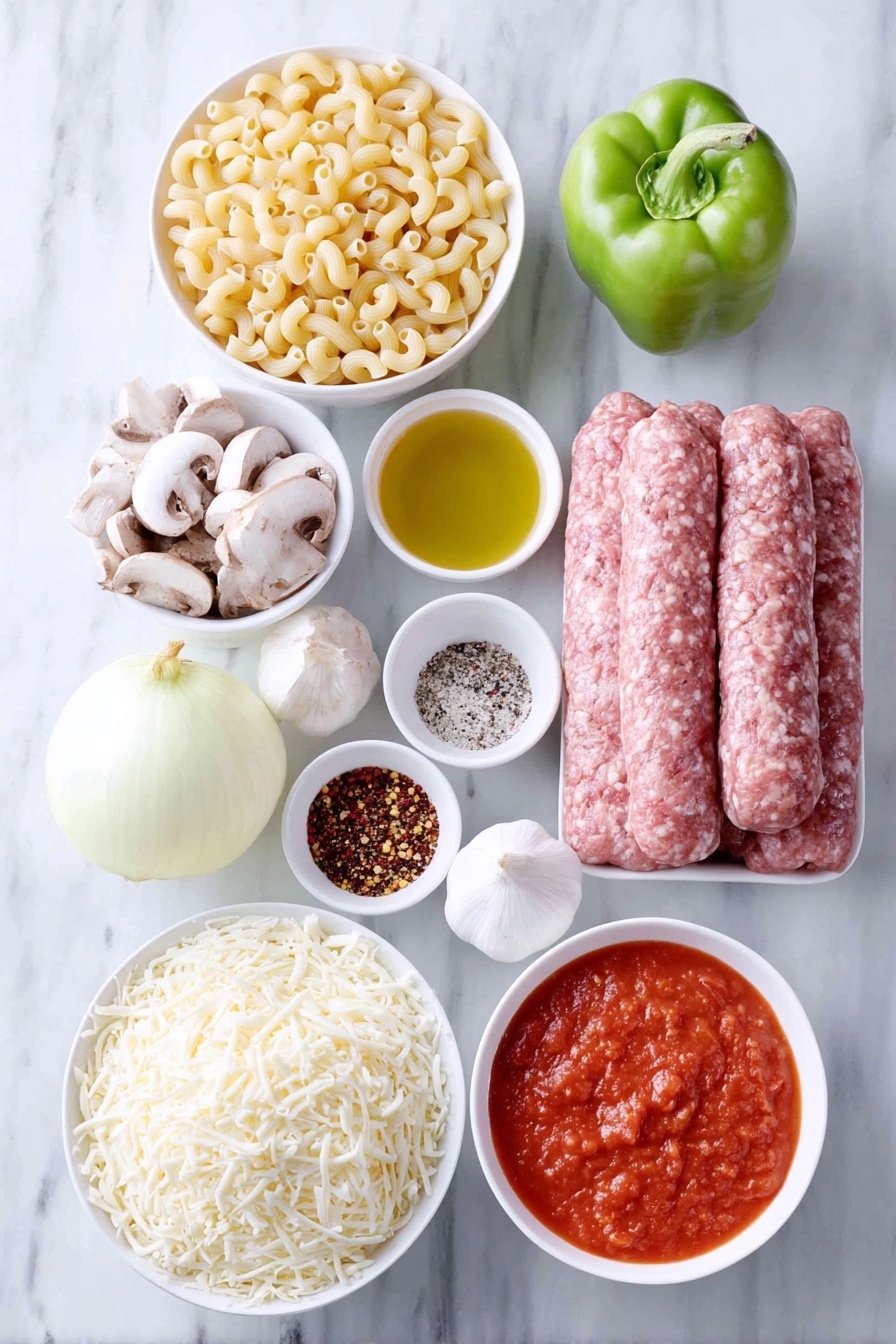 Flat lay of a small pile of uncooked elbow macaroni, a small white ceramic bowl of golden olive oil, one whole white onion with smooth skin, a whole green bell pepper with glossy skin, half a pound of fresh Italian sausage links, half a pound of raw ground beef formed into a compact mound, a cluster of fresh crimini mushrooms sliced to show their creamy brown caps and white stems, three whole garlic cloves with papery white skins, a small white ceramic bowl filled with mixed dried Italian seasoning herbs, a small white ceramic bowl of coarse sea salt crystals, a small white ceramic bowl of whole black peppercorns, a small white ceramic bowl of bright red chili flakes, a small white ceramic bowl filled with rich red tomato sauce, a small white ceramic bowl of diced fresh tomatoes with seeds and juice visible, a small white ceramic bowl heaped with shredded mozzarella cheese in soft white strands, and another small white ceramic bowl heaped with shredded sharp cheddar cheese in vibrant orange strands, all arranged with perfect symmetry and realistic proportions in natural soft light placed on a clean white marble surface, soft natural light, photo taken with an iPhone, professional food photography style, fresh ingredients, white ceramic bowls, no bottles, no duplicates, no utensils, no packaging --ar 2:3 --v 7 --p m7354615311229779997 - Johnny Marzetti Pasta Bake, cheesy pasta casserole, hearty meat pasta bake, comfort food recipes, kid-friendly pasta dishes