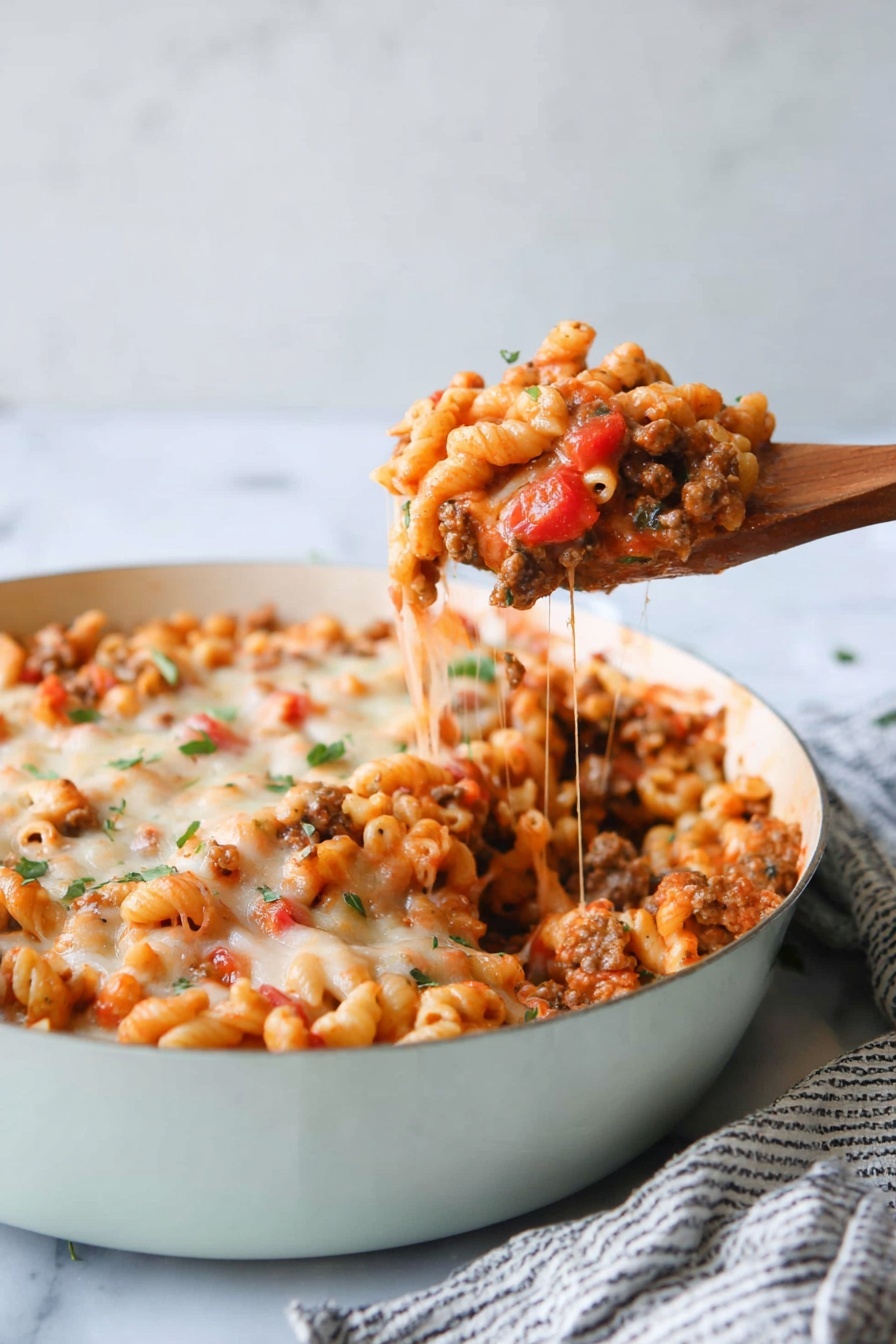A white plate holds a single serving of macaroni mixed with browned ground meat, small chunks of red tomato, and sliced brown mushrooms, all covered in a light red sauce. The dish is sprinkled with green herb bits on top and around the plate. In the background, another white plate with a similar dish is slightly out of focus, sitting on a white marbled surface. A fork rests on the left edge of the foreground plate. photo taken with an iphone --ar 2:3 --v 7 - Johnny Marzetti Pasta Bake, cheesy pasta casserole, hearty meat pasta bake, comfort food recipes, kid-friendly pasta dishes