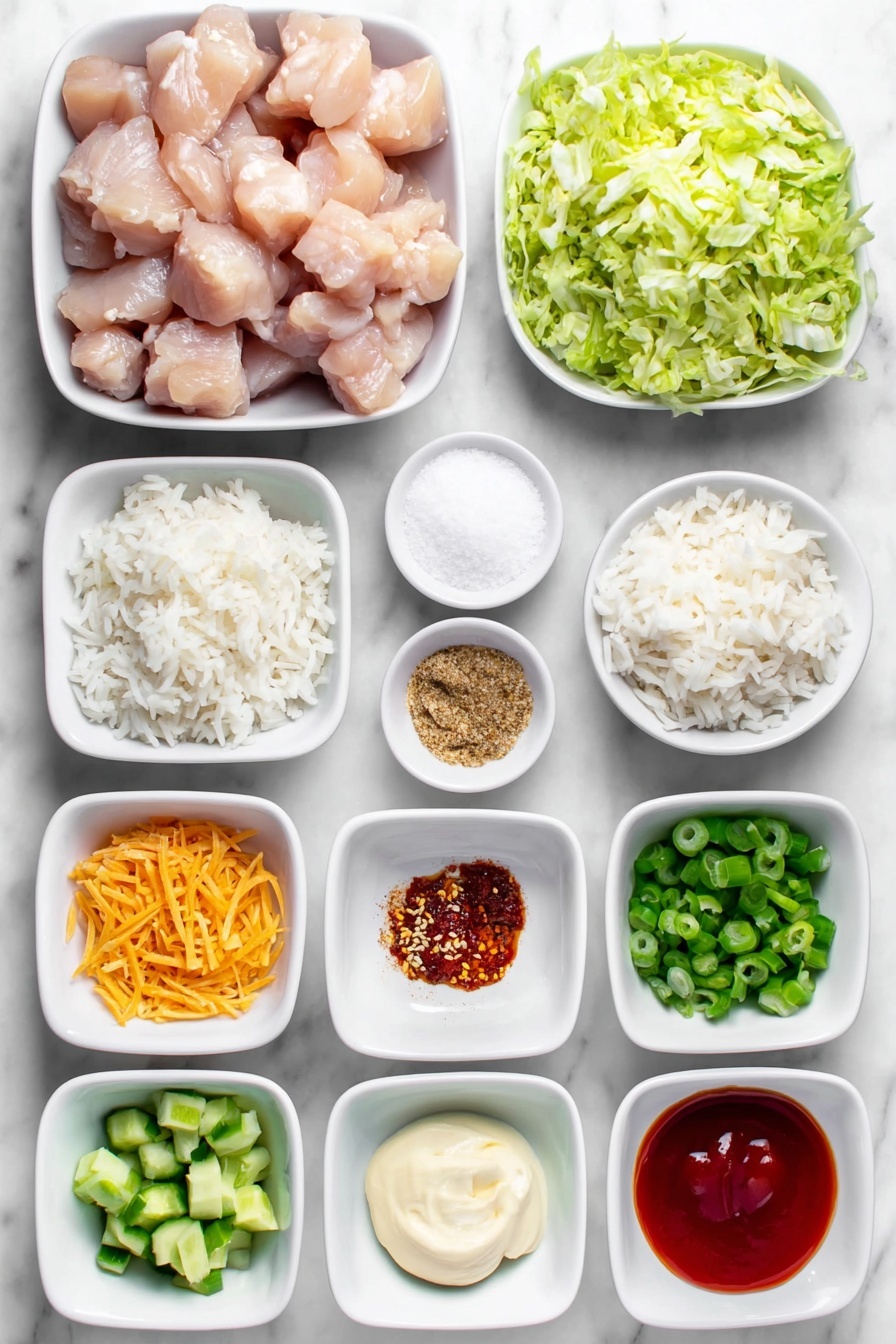 Flat lay of bite-sized pieces of raw boneless skinless chicken breasts, a small white bowl of fine cornstarch, a small white bowl of coarse salt, a small white bowl of ground black pepper, a small white bowl of garlic powder, a small white bowl of paprika, a small white bowl of vegetable oil, a mound of fluffy cooked jasmine rice, a small pile of shredded green lettuce, a small pile of diced fresh cucumber, a small pile of shredded orange carrots, a small pile of chopped green onions, a small white bowl of creamy mayonnaise, a small white bowl of bright red sweet chili sauce, a small white bowl of vivid red sriracha sauce, scattered light sesame seeds, all arranged symmetrically in simple white ceramic bowls and plates, placed on a clean white marble surface, soft natural light, photo taken with an iPhone, professional food photography style, fresh ingredients, white ceramic bowls, no bottles, no duplicates, no utensils, no packaging --ar 2:3 --v 7 --p m7354615311229779997 - Bang Bang Chicken Rice Bowl, easy Asian chicken bowls, quick dinner recipes, flavorful chicken rice bowl, spicy mayo chicken bowl