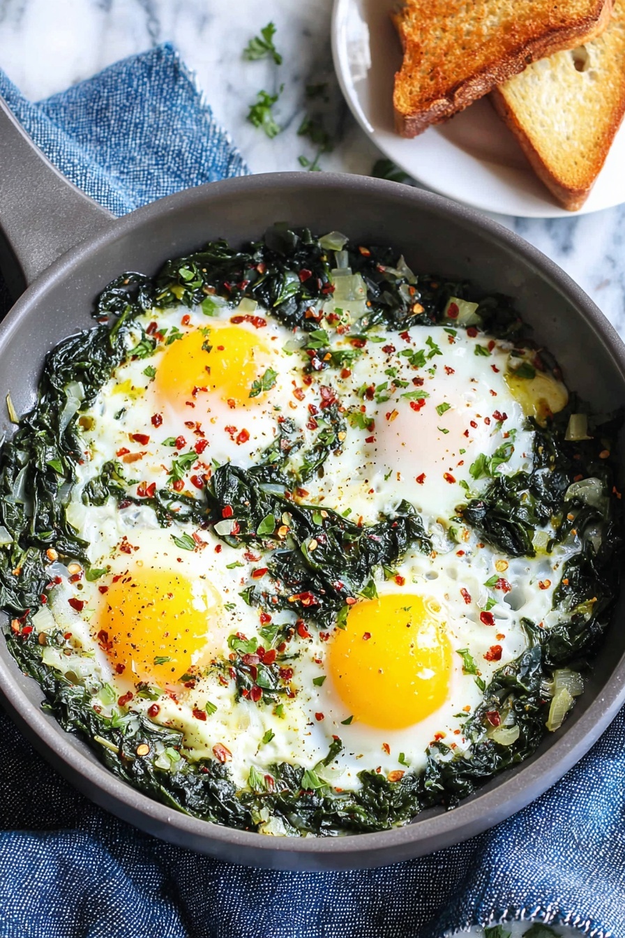 A dark gray skillet contains three cooked eggs, each with a bright yellow yolk surrounded by soft white whites. The eggs are nestled in a bed of cooked dark green spinach leaves mixed with small bits of onion or garlic. The dish is sprinkled with small pieces of fresh green herbs and red chili flakes, adding pops of red and green on top of the eggs. The skillet rests on a blue cloth over a white marbled surface. In the background, a white plate holds two pieces of golden-brown toasted bread. Photo taken with an iphone --ar 2:3 --v 7 - Creamy Spinach Egg Skillet, savory breakfast ideas, healthy egg recipes, quick morning breakfast, easy spinach egg skillet