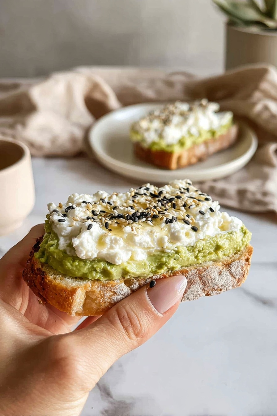A woman's hand is holding a slice of toasted bread topped with two thick layers: the bottom layer is a creamy, bright green spread with a slightly chunky texture, and the top layer is a white, bumpy cottage cheese, sprinkled with small black and white sesame seeds and a light drizzle of honey. In the background, there is a matching slice placed on a white plate and a beige cloth is softly draped. The scene is set on a white marbled surface with soft natural light coming from the left side, highlighting the textures and colors. photo taken with an iphone --ar 2:3 --v 7 - Creamy Cottage Cheese Avocado Toast, healthy breakfast ideas, quick avocado toast recipes, how to make flavorful avocado toast, easy cottage cheese toppings