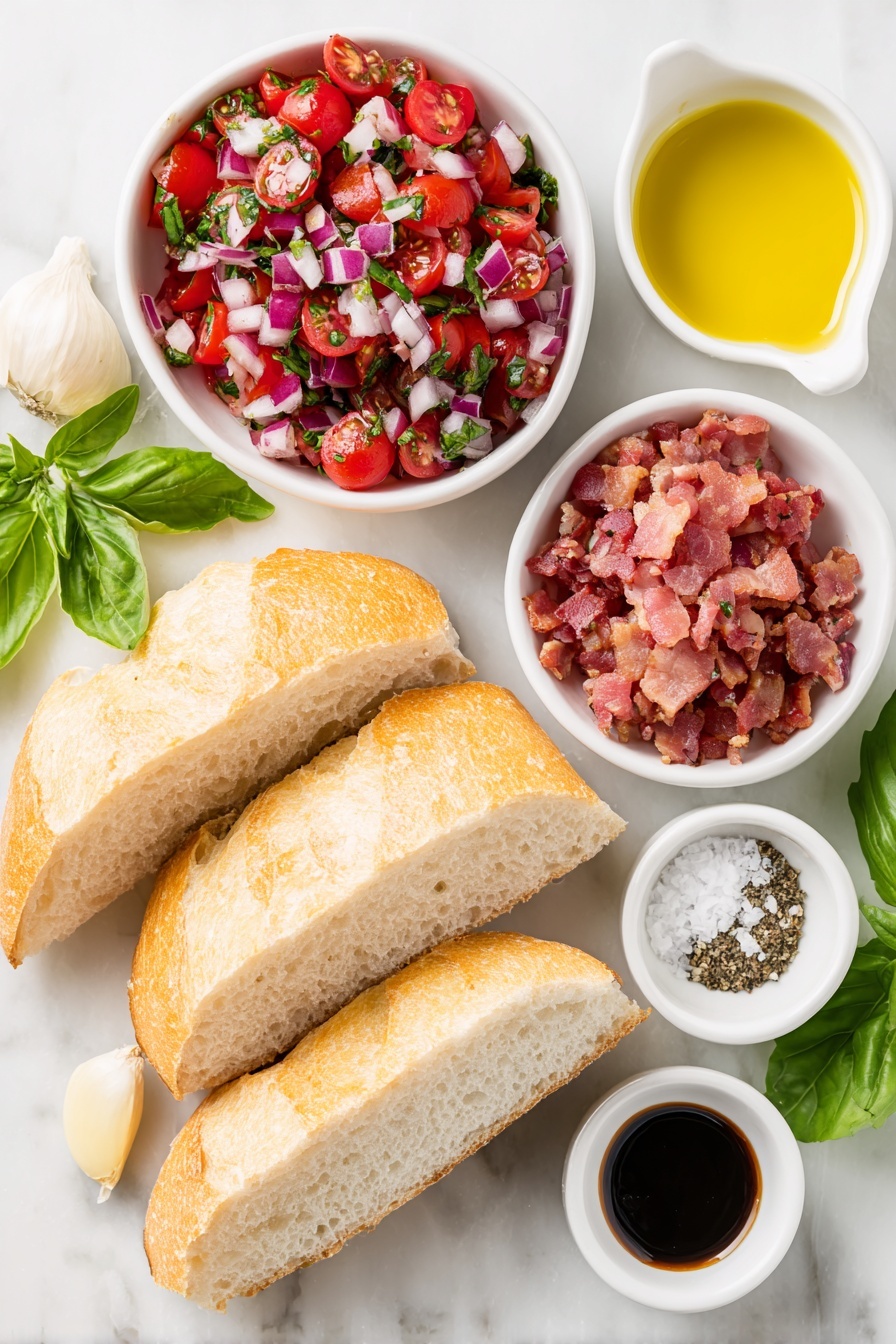 Flat lay of a few crisp slices of French baguette, a small white bowl filled with bright red diced cherry tomatoes, finely chopped half of a red onion, a handful of fresh green basil leaves roughly chopped, four slices of cooked bacon crumbled into pieces, a small white bowl with golden olive oil, one whole unpeeled garlic clove, a small white bowl containing coarse salt, another small white bowl with cracked black pepper, and a small white bowl of dark glossy balsamic glaze, all arranged symmetrically on a clean white marble surface, soft natural light, photo taken with an iPhone, professional food photography style, fresh ingredients, white ceramic bowls, no bottles, no duplicates, no utensils, no packaging --ar 2:3 --v 7 --p m7354615311229779997 - Tomato Bacon Bruschetta, easy bruschetta appetizer, bacon tomato appetizer, quick party snacks, flavorful bruschetta recipe