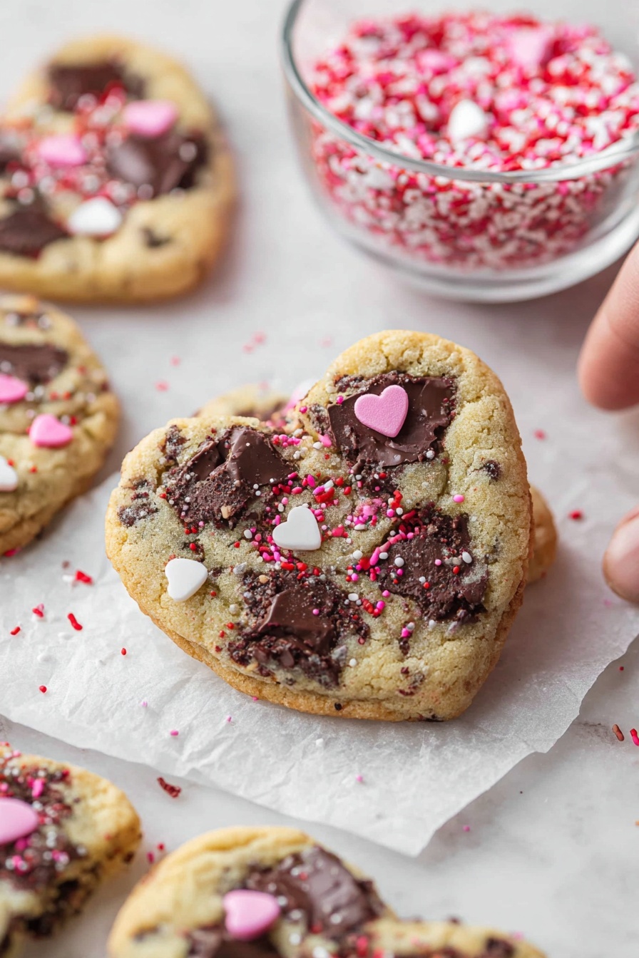 A close-up view of heart-shaped cookies with a golden-brown base filled with dark melted chocolate chunks scattered on top and inside the cookies. The cookies have small pink, red, and white heart and round sprinkles sprinkled over them giving a festive look. In the background, a clear glass bowl filled with various pink, white, and red sprinkles sits on a white marbled surface alongside the cookies, and a piece of white parchment paper is underneath some of the cookies. The scene is softly lit with a clean, bright, and warm tone. photo taken with an iphone --ar 2:3 --v 7 - Heart-Shaped Chocolate Chip Cookies, Valentine’s Day Cookies, Easy Chocolate Cookies, Soft Chocolate Chip Cookies, Homemade Heart Cookies