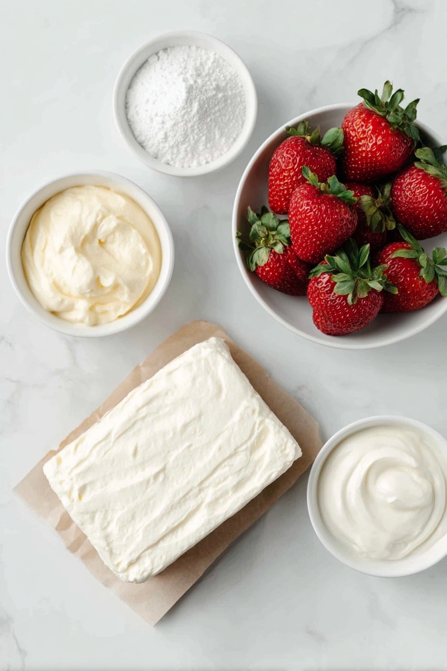 Flat lay of a small block of cream cheese with a smooth surface, a small bowl of thick creamy coconut cream, a small white ceramic bowl filled with fine white powdered sugar, five fresh medium-sized strawberries with green leafy tops intact, a small white bowl holding pale vanilla bean paste, and a small white bowl of creamy yogurt, all arranged in perfect symmetry in natural daylight, placed on a clean white marble surface, soft natural light, photo taken with an iPhone, professional food photography style, fresh ingredients, white ceramic bowls, no bottles, no duplicates, no utensils, no packaging --ar 2:3 --v 7 --p m7354615311229779997 - Strawberry Mousse, easy strawberry mousse, quick strawberry dessert, creamy strawberry treat, fresh strawberry mousse