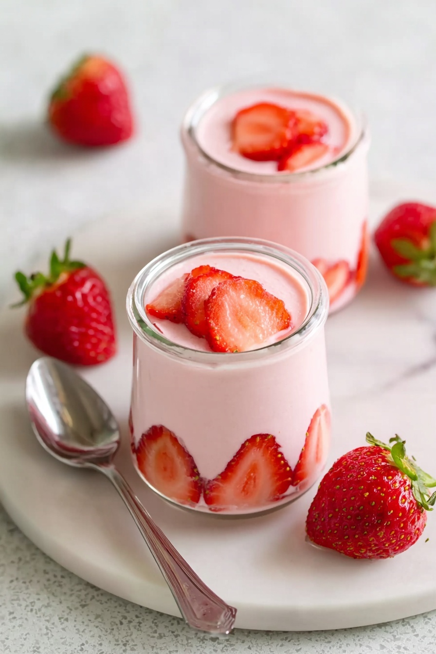 Two small clear glass jars filled with smooth, light pink creamy dessert are placed on a white plate with a white marbled texture. Inside each jar, thin slices of fresh red strawberries line the sides, creating a decorative layer beneath the pink cream that fills the jars almost to the top. Around the plate, whole fresh strawberries with green stems add bright red color. A shiny silver spoon lies on the plate near the jars. The white marbled surface provides a clean and soft background for the arrangement. photo taken with an iphone --ar 2:3 --v 7 - Strawberry Mousse, easy strawberry mousse, quick strawberry dessert, creamy strawberry treat, fresh strawberry mousse
