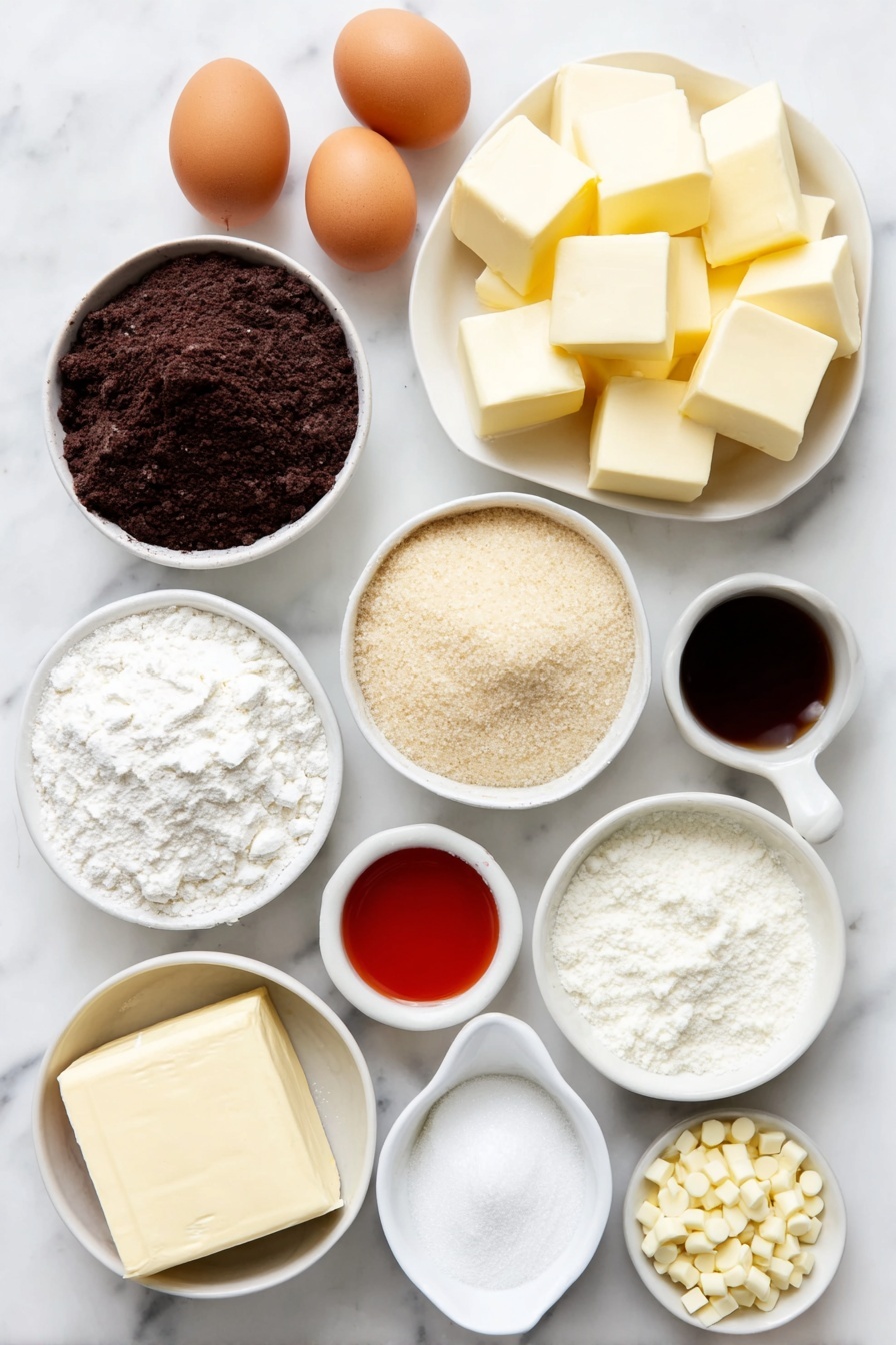 Flat lay of a small pile of soft unsalted butter cubes, a heap of golden brown sugar, a separate pile of white granulated sugar, two whole brown eggs with clean shells, a small white bowl of clear vanilla extract, a small white bowl with vibrant red food coloring gel, a mound of rich dark unsweetened cocoa powder, a neat pile of all-purpose flour, a white ceramic spoon-shaped dish holding fine white baking soda powder, a small white bowl of cornstarch, a tiny heap of coarse white salt, a scattered handful of creamy white chocolate chips, a block of smooth cream cheese, a small white bowl filled with fine powdered sugar, and a small white bowl containing pale vanilla bean paste placed on a clean white marble surface, soft natural light, photo taken with an iPhone, professional food photography style, fresh ingredients, white ceramic bowls, no bottles, no duplicates, no utensils, no packaging --ar 2:3 --v 7 --p m7354615311229779997 - Cheesecake Stuffed Red Velvet Cookies, red velvet cheesecake cookies, stuffed red velvet cookies, cheesecake-filled red velvet cookies, easy red velvet cookie recipes