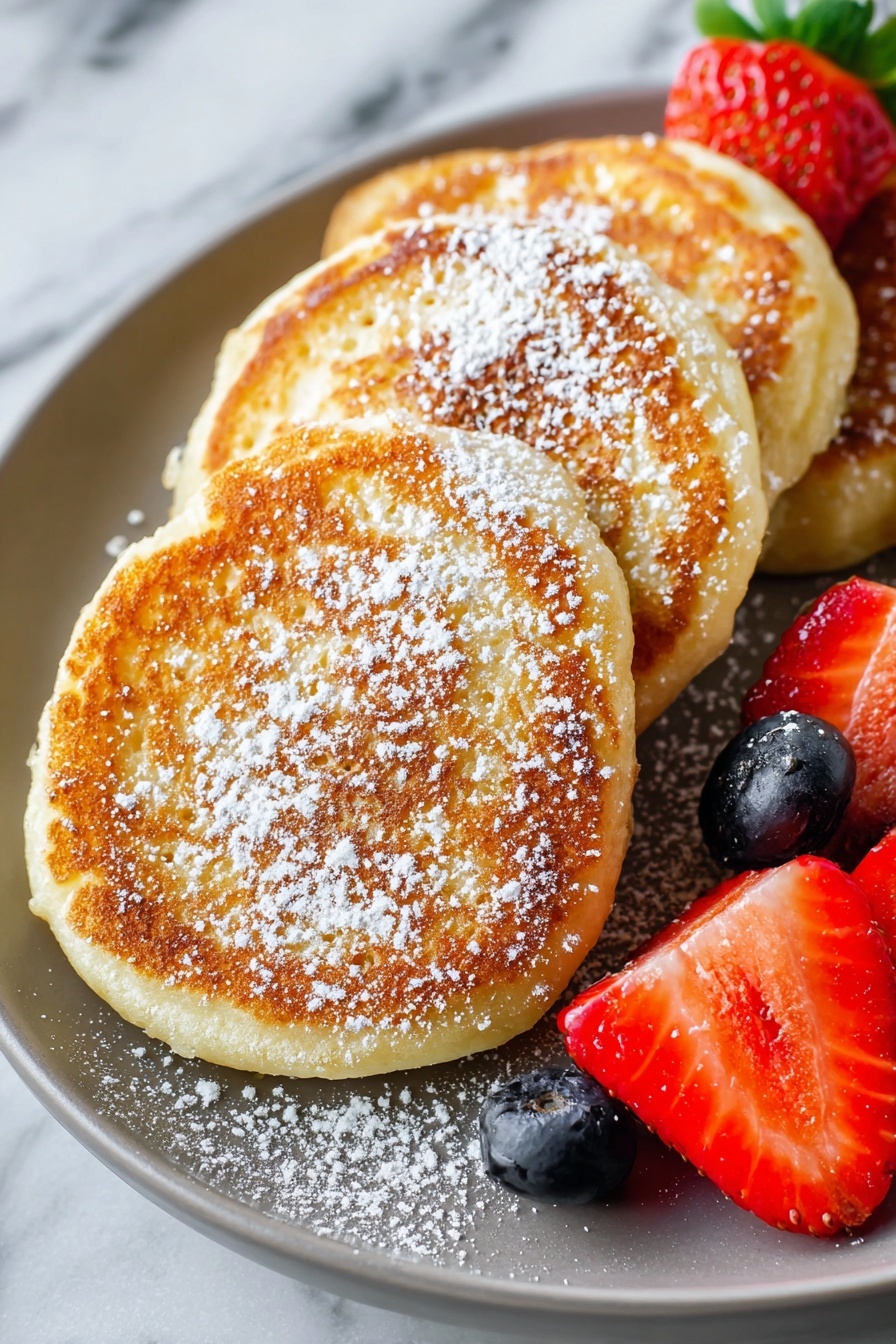The image shows a white plate with three thick, golden-brown pancakes stacked slightly apart in the center, each pancake having a fluffy and textured surface lightly sprinkled with white powdered sugar. On the right side of the plate, there are three fresh strawberry halves with bright red color and green leafy tops, along with two plump blueberries with a slight sheen. The plate sits on a white marbled surface, adding a clean and elegant background. photo taken with an iphone --ar 2:3 --v 7 - Cottage Cheese Pancakes, cottage cheese pancake recipe, fluffy cottage cheese pancakes, easy breakfast pancake recipe, quick cottage cheese pancakes