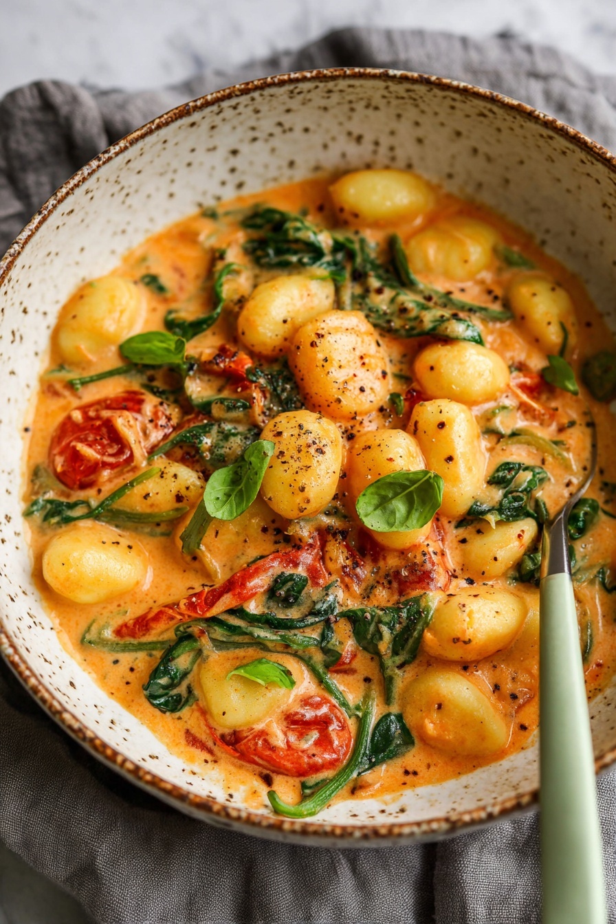 The image shows a bowl of creamy orange gnocchi dish with round gnocchi pieces mostly on top covered in orange sauce, mixed with pieces of wilted bright green spinach leaves and bits of red tomatoes. The dish has flecks of black pepper sprinkled all over. The bowl is large, white with speckled and brown rim, and sits on a grey cloth. A light green spoon handle is visible inside the bowl. The background is a white marbled texture. Photo taken with an iphone --ar 2:3 --v 7 - Creamy Roasted Tomato Gnocchi, vegan gnocchi with roasted tomato sauce, easy vegan gnocchi recipe, dairy-free tomato gnocchi, comforting vegan pasta dish