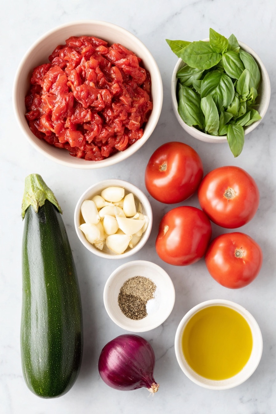 Flat lay of a medium white ceramic bowl filled with crushed bright red tomatoes, a small white ceramic bowl of golden extra virgin olive oil, a small white ceramic bowl of pale amber apple cider vinegar, a small white ceramic bowl with finely minced fresh garlic, fresh large green basil leaves neatly stacked, a small white ceramic bowl holding a mixed dried herbs de Provence spice blend, a small white ceramic bowl of fine white salt, a small white ceramic bowl of ground black pepper, a small white ceramic bowl with deep red chili powder, a medium whole sweet red onion with shiny purple skin, large fresh green zucchini sliced into rounds, a large whole Japanese eggplant with glossy dark purple skin, three whole ripe Roma tomatoes with vibrant red skin sliced, all arranged with perfect symmetry on a clean white marble surface, soft natural light, photo taken with an iPhone, professional food photography style, fresh ingredients, white ceramic bowls, no bottles, no duplicates, no utensils, no packaging --ar 2:3 --v 7 --p m7354615311229779997 - Baked Ratatouille with Fresh Vegetables, healthy vegetable baked dish, oven-roasted ratatouille, summer vegetable casserole, vibrant veggie bake