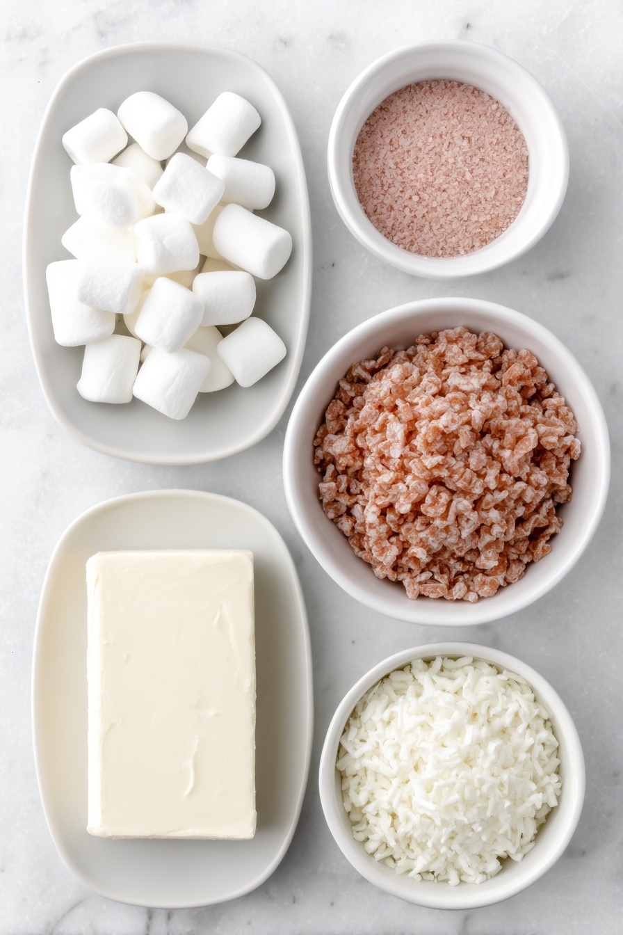 Flat lay of unsalted butter chunk, a small pile of mini white marshmallows, a small white bowl filled with fine pink freeze dried strawberry powder, a shallow mound of puffed rice krispie cereal, all arranged symmetrically in simple white ceramic bowls and plates placed on a clean white marble surface, soft natural light, photo taken with an iPhone, professional food photography style, fresh ingredients, white ceramic bowls, no bottles, no duplicates, no utensils, no packaging --ar 2:3 --v 7 --p m7354615311229779997 - Strawberry Rice Krispie Treat Hearts, Strawberry Rice Krispie Treats, Heart-Shaped Rice Krispies, Valentine’s Day Candy, Fruity Rice Krispie Snacks