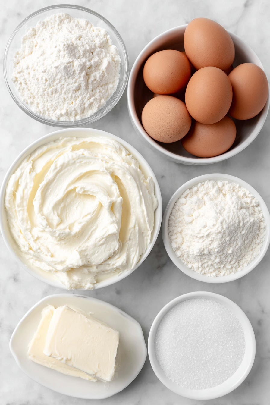 Flat lay of fresh cream in a small white ceramic bowl, whole brown eggs with clean shells arranged neatly, a small white ceramic bowl filled with white granulated sugar, a small white ceramic bowl containing golden translucent corn syrup, a small white ceramic bowl holding fine white corn starch powder, and a pinch of salt sprinkled on a white ceramic dish, all ingredients fresh and natural, perfectly balanced and symmetrical, placed on a clean white marble surface, soft natural light, photo taken with an iPhone, professional food photography style, fresh ingredients, white ceramic bowls, no bottles, no duplicates, no utensils, no packaging --ar 2:3 --v 7 --p m7354615311229779997 - Homemade Sweet Cream Ice Cream, vanilla ice cream, DIY ice cream, creamy homemade ice cream, easy ice cream recipe