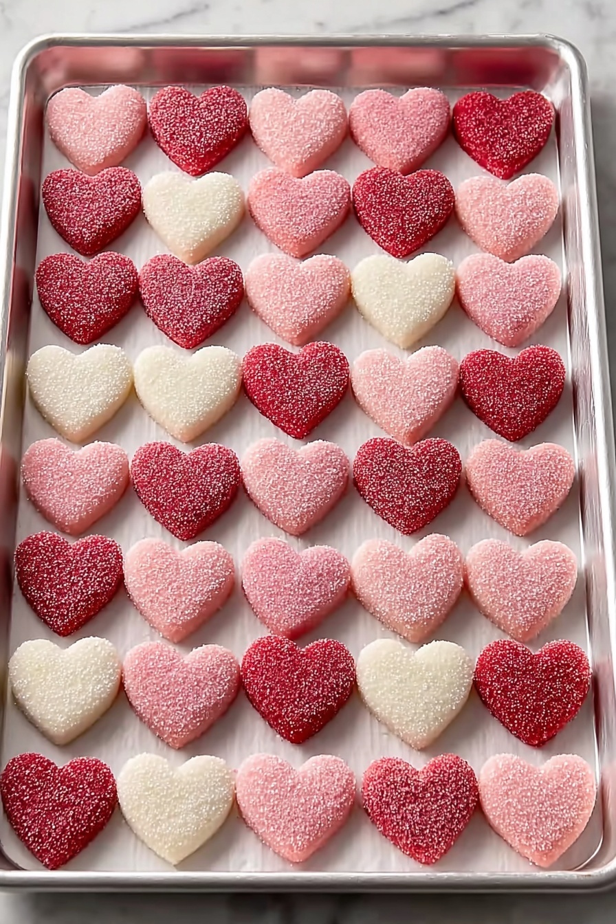 The image shows a white square dish full of heart-shaped candies in three colors: red, light pink, and white. Each candy has a slightly grainy sugar texture on the outside, making them look sparkly. The candies are stacked and scattered on the dish, with some overlapping each other. The background is a white marbled surface with a red cloth featuring white polka dots blurred behind the dish. photo taken with an iphone --ar 2:3 --v 7 - Valentine's Cream Cheese Mints, Valentine's Candy Recipes, Easy Cream Cheese Mints, Homemade Valentine Treats, Heart-Shaped Mint Candies