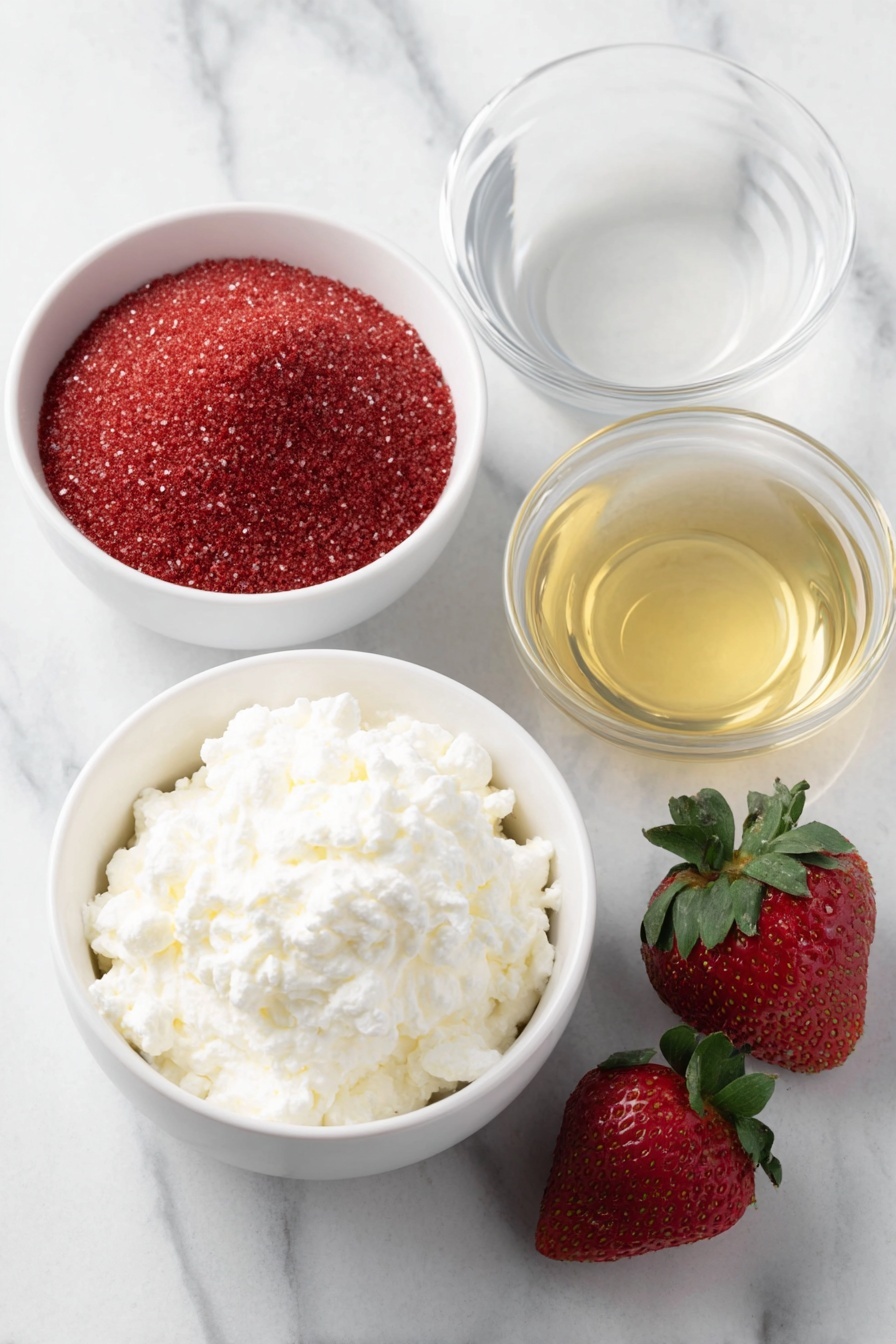 Flat lay of a small mound of bright red strawberry gelatin powder, a generous white ceramic bowl filled with thick creamy Greek yogurt, a small white bowl of clear hot boiling water steaming gently, another small white bowl of cold water with faint condensation on the outside, a few fresh whole strawberries with green leafy tops, and a dollop of fluffy white whipped cream softly peaked on a simple white plate, arranged with perfect symmetry, placed on a clean white marble surface, soft natural light, photo taken with an iPhone, professional food photography style, fresh ingredients, white ceramic bowls, no bottles, no duplicates, no utensils, no packaging --ar 2:3 --v 7 --p m7354615311229779997 - Greek Yogurt Strawberry Jello, healthy strawberry jello, quick dessert with Greek yogurt, creamy fruity jello, easy strawberry dessert