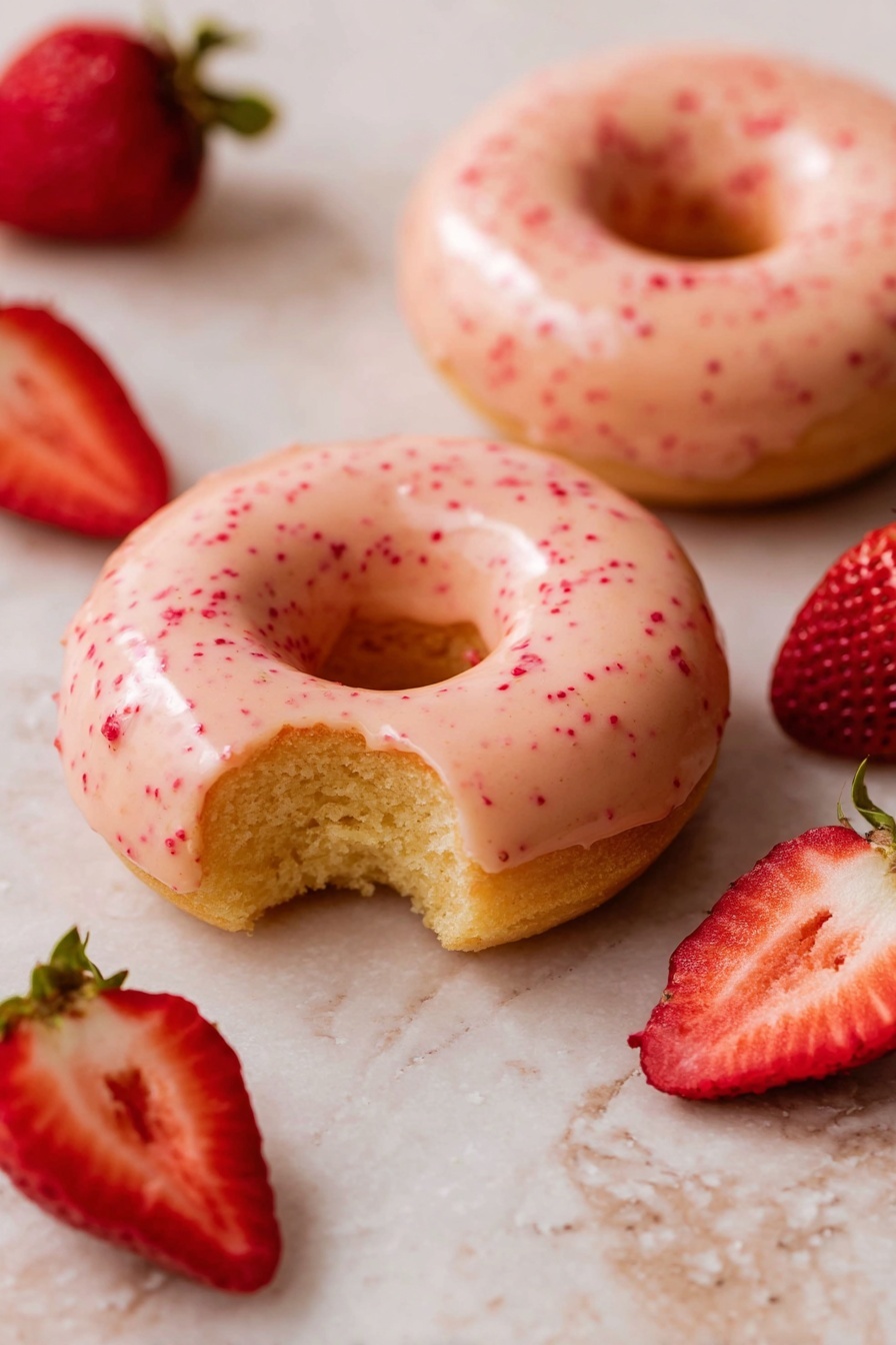 Two soft, round donuts sit on a light surface with a white marbled texture, each covered with a smooth pale pink glaze speckled with tiny red dots. One donut is whole, while the other has a single bite taken, revealing its fluffy, light yellow inside. Around the donuts, several bright red strawberries, some sliced in half showing their juicy, red and white interiors, add fresh color to the scene. Photo taken with an iphone --ar 2:3 --v 7 - Strawberry Glazed Donuts, homemade strawberry glazed donuts, fluffy donut recipes, easy strawberry donut glaze, fresh strawberry breakfast donuts