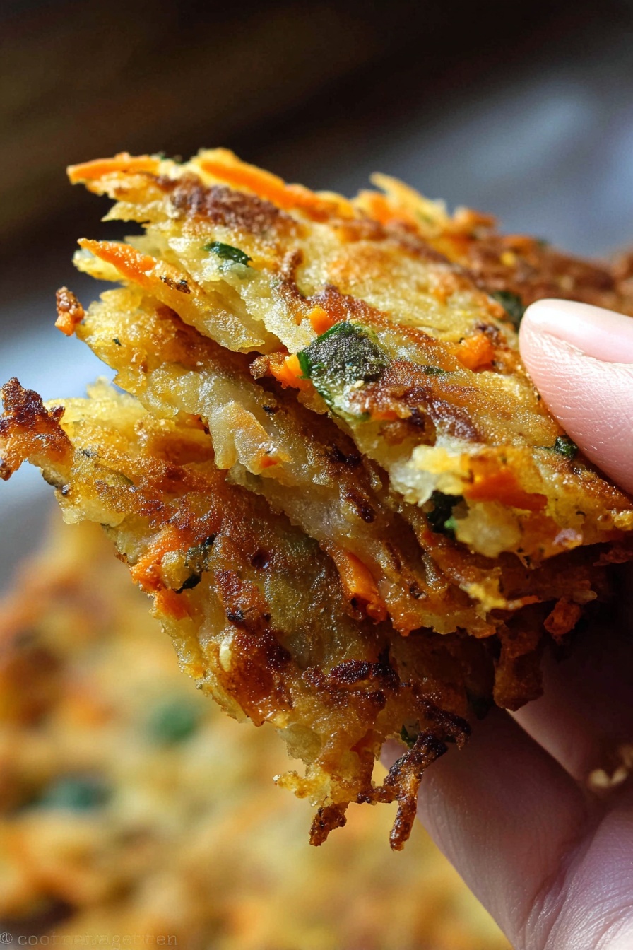 A close-up photo shows a woman's hand holding a golden-brown crispy vegetable pancake with small orange carrot pieces and green herbs visible in the thin fried layers. The pancake has a rough, crunchy texture with some browned and slightly darker spots, and the background is blurred with warm tones. Photo taken with an iphone --ar 2:3 --v 7 - Cabbage Fritters, Cabbage Fritters Recipe, Easy Cabbage Fritters, Healthy Vegetable Fritters, Crispy Cabbage Fritters
