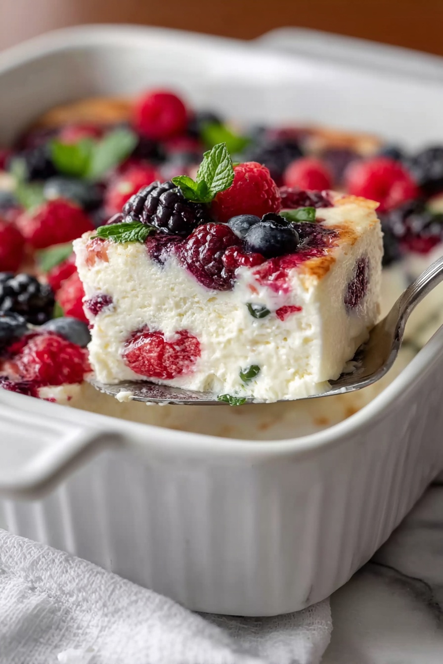 A white square baking dish holds a soft, creamy cheesecake with three visible layers: a thick white base that looks smooth and fluffy, a middle layer with embedded red raspberries and green mint leaves, and a top layer decorated with whole blackberries, blueberries, raspberries, and small mint leaves, creating a colorful and textured surface. A silver spatula lifts a square piece from the dish, showing the inside filled with the same berries and creamy texture. The background is a white marbled surface with a white cloth partially visible on the side. Photo taken with an iphone --ar 2:3 --v 7 - High Protein Berry Bake, healthy berry bake, high protein breakfast recipes, nutritious berry dessert, protein-rich baked treat