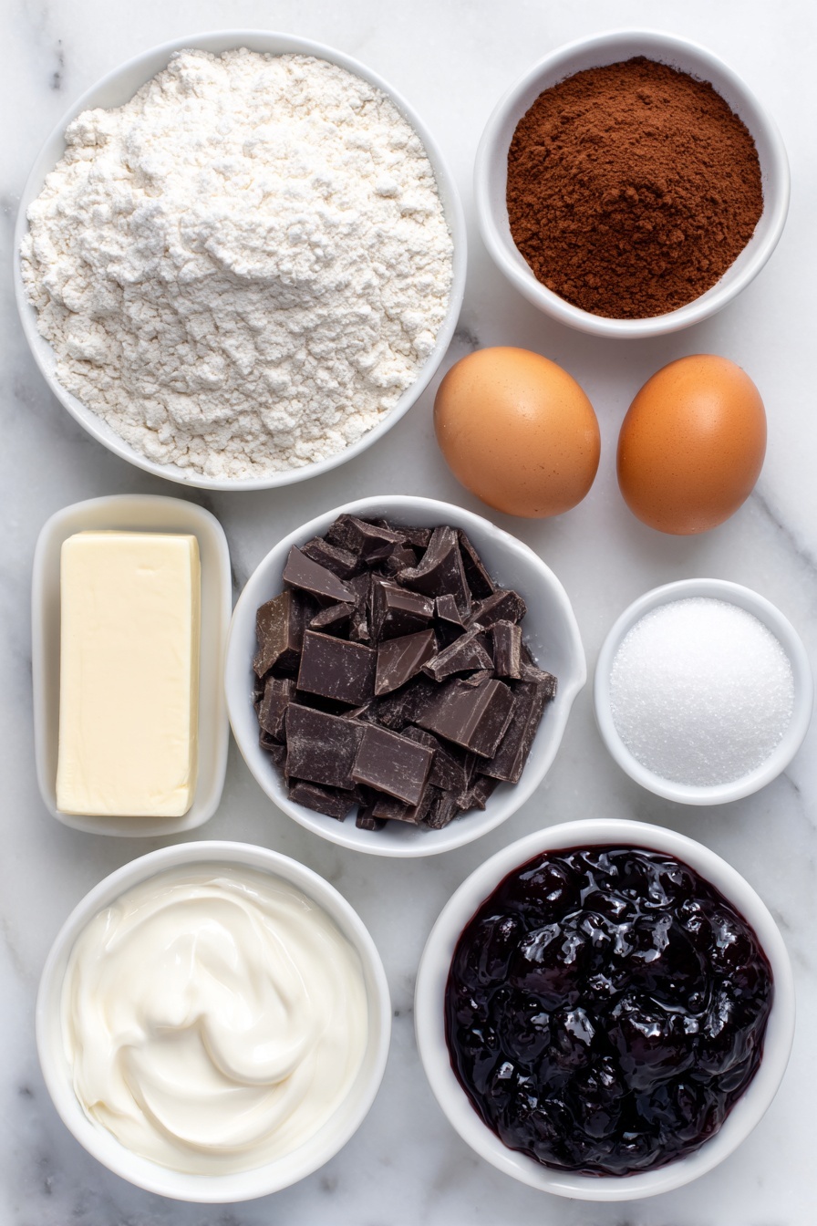 Flat lay of a small mound of all-purpose flour, a small pile of Dutch-process cocoa powder, a tiny heap of baking powder, a small pinch of coarse sea salt, a slab of unsalted butter softened, a neat pile of light brown sugar, a small heap of granulated white sugar, two whole uncracked brown egg yolks, a small white bowl with vanilla extract, a small white bowl filled with chopped dark chocolate, a small white bowl with heavy cream, a small white bowl of glossy cherry preserves, all ingredients arranged with perfect symmetry on a clean white ceramic surface, placed on a clean white marble surface, soft natural light, photo taken with an iPhone, professional food photography style, fresh ingredients, white ceramic bowls, no bottles, no duplicates, no utensils, no packaging --ar 2:3 --v 7 --p m7354615311229779997 - Chocolate Cherry Cookies with Ganache, chocolate cherry cookies, cherry ganache cookies, decadent cherry chocolate cookies, easy cherry chocolate treats