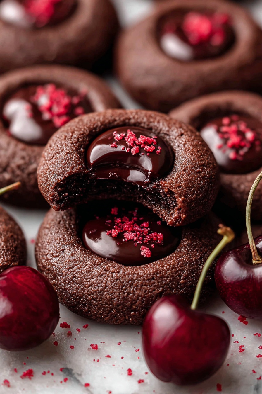 The image shows a close-up of several dark brown chocolate cookies with a smooth, glossy dark chocolate center in each cookie. Each cookie has a sprinkle of small red crumbs on top of the chocolate center. The cookies have a slightly rough texture on the edges and look soft inside, as one cookie on top is bitten, showing the gooey chocolate filling. Among the cookies are shiny, deep red cherries with long, thin stems. The cookies and cherries are placed on a surface with a white marbled texture. photo taken with an iphone --ar 2:3 --v 7 - Chocolate Cherry Cookies with Ganache, chocolate cherry cookies, cherry ganache cookies, decadent cherry chocolate cookies, easy cherry chocolate treats