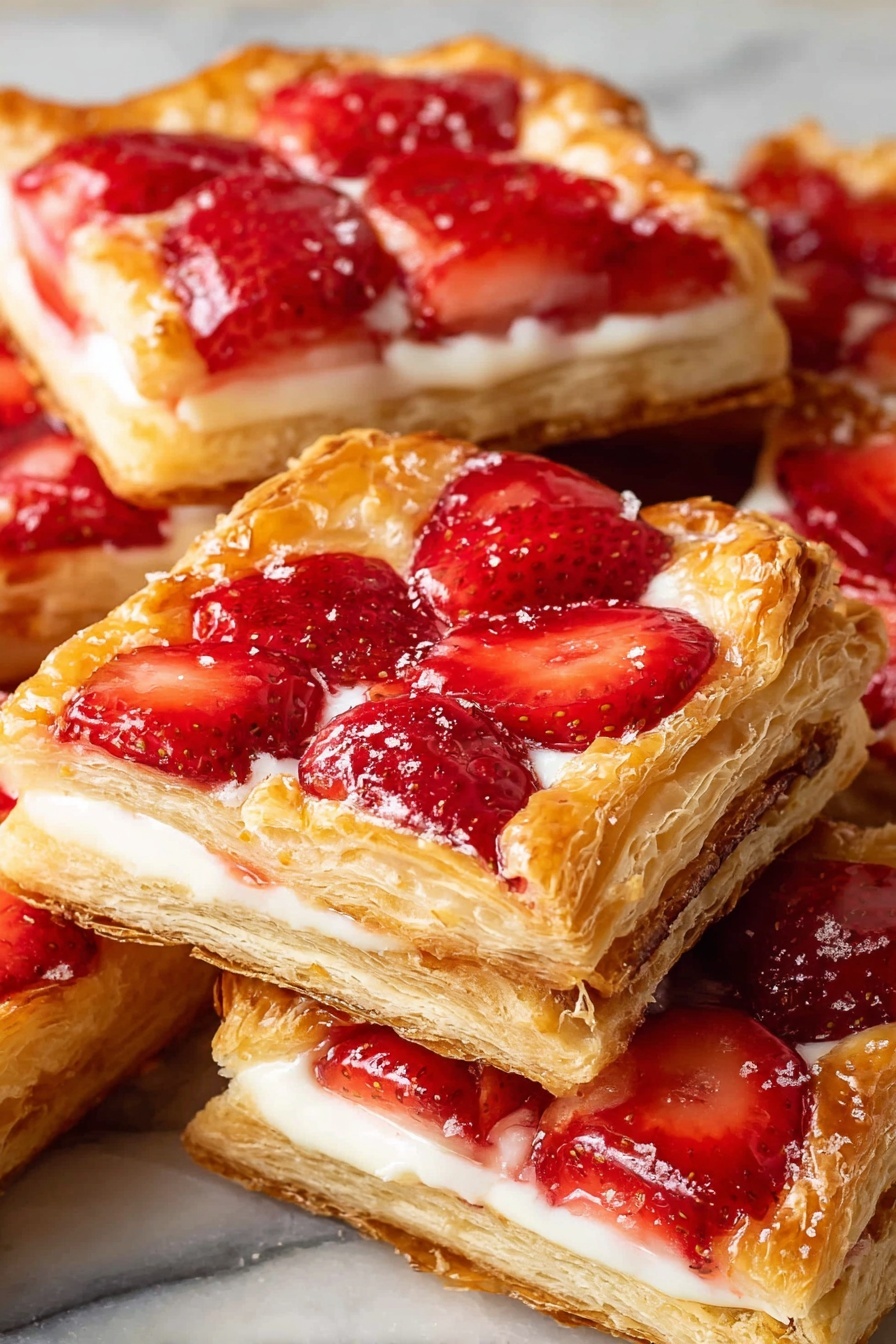 The image shows several strawberry pastries stacked together. Each pastry has three layers: the bottom layer is a golden brown, flaky puff pastry with a crisp texture and visible air pockets. The middle layer is a creamy white filling that looks smooth and soft, spread evenly within the edges of the pastry. The top layer consists of bright red, sliced strawberries covered in a shiny glaze, giving a fresh and juicy look. The pastries have a rectangular shape with slightly raised, browned edges creating a border around the filling and fruit. The pastries are placed on a white marbled surface. photo taken with an iphone --ar 2:3 --v 7 - Best Strawberry Danish Pastry, Strawberry Danish Pastry, Flaky Danish Pastry, Fresh Strawberry Danish, Easy Strawberry Danish