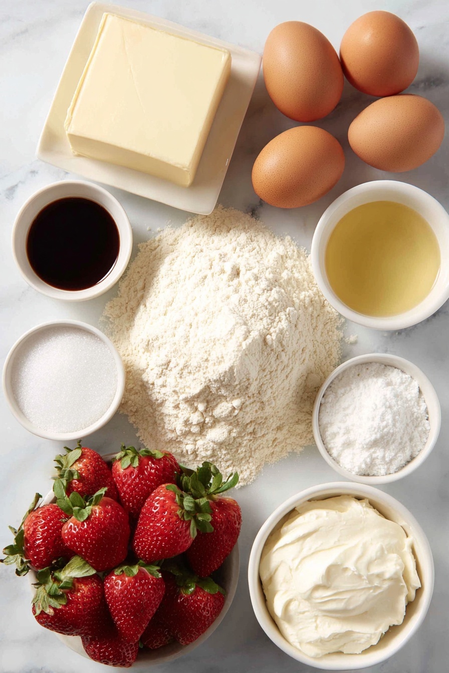 Flat lay of a small mound of all-purpose flour, a few sprigs of baking powder in powder form on the side, a small heap of salt crystals, a square of unsalted butter, a small white ceramic bowl filled with vegetable oil, a small white ceramic bowl of granulated sugar, a small white ceramic bowl with vanilla extract, four whole uncracked brown eggs, a small white ceramic bowl of milk, a pile of fresh whole strawberries with green caps, a small white ceramic bowl holding granulated sugar, a small white ceramic bowl filled with cold heavy whipping cream, a small white ceramic bowl of powdered sugar, and a small white ceramic bowl with vanilla extract placed on a clean white marble surface, soft natural light, photo taken with an iPhone, professional food photography style, fresh ingredients, white ceramic bowls, no bottles, no duplicates, no utensils, no packaging --ar 2:3 --v 7 --p m7354615311229779997 - Strawberry Shortcake Cake, Strawberry Shortcake Cake Recipe, layered strawberry dessert, easy strawberry cake, summer dessert recipes