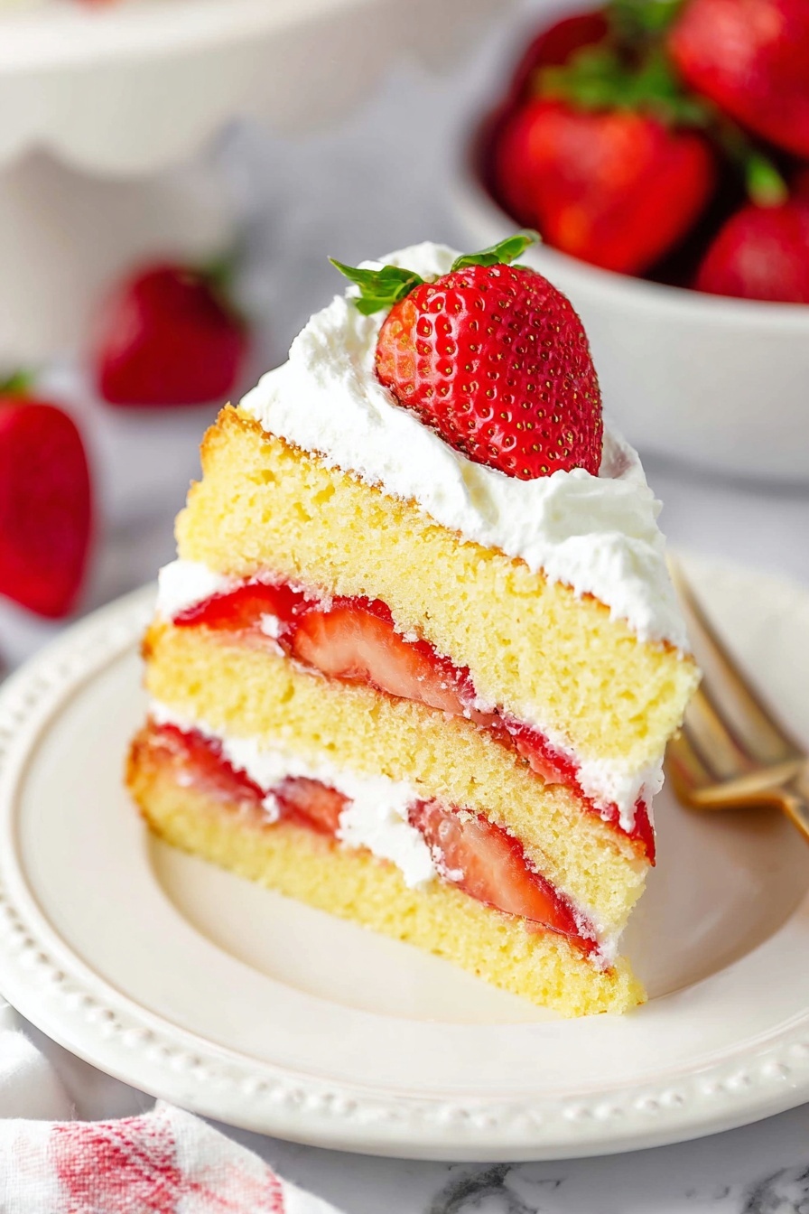 A three-layer yellow sponge cake is shown with white whipped cream spread between each layer and fresh bright red strawberry slices embedded in the cream. The top layer is covered with a thick swirl of white whipped cream, and whole fresh strawberries with green leaves are placed on top, evenly spaced. Two slices are cut from the cake, showing the soft texture of the sponge and the moist cream and fruit filling inside. The cake is on a white plate set on a white marbled surface, with a sliced strawberry lying in front. Photo taken with an iphone --ar 2:3 --v 7 - Strawberry Shortcake Cake, Strawberry Shortcake Cake Recipe, layered strawberry dessert, easy strawberry cake, summer dessert recipes