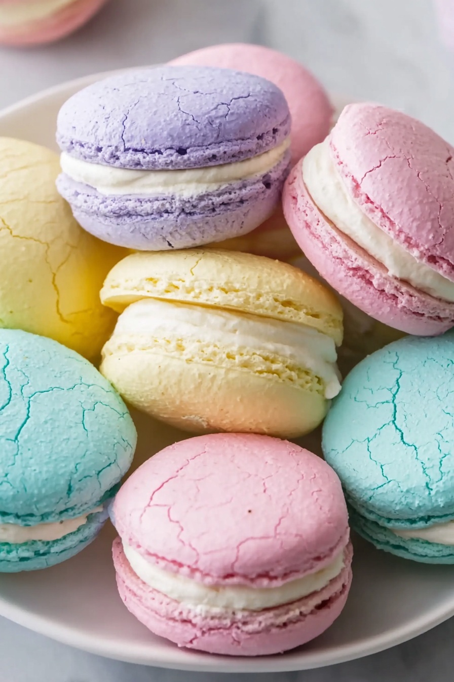 The image shows a close-up of seven colorful macaron sandwich cookies arranged on a white plate over a white marbled surface. Each macaron has two round, cracked shells with a smooth, creamy filling in between. The macarons are in pastel colors: two light purple, one light pink, one pale yellow, one light blue, and two more light purple. The shells have a slightly rough texture with visible cracks, and the creamy filling is thick and white, filling the space between the shells evenly. Photo taken with an iphone --ar 2:3 --v 7 - Pastel Sugar Cookie Sandwiches, colorful cookie sandwiches, soft butter cookies with vanilla cream, pastel dessert recipes, fun party treats