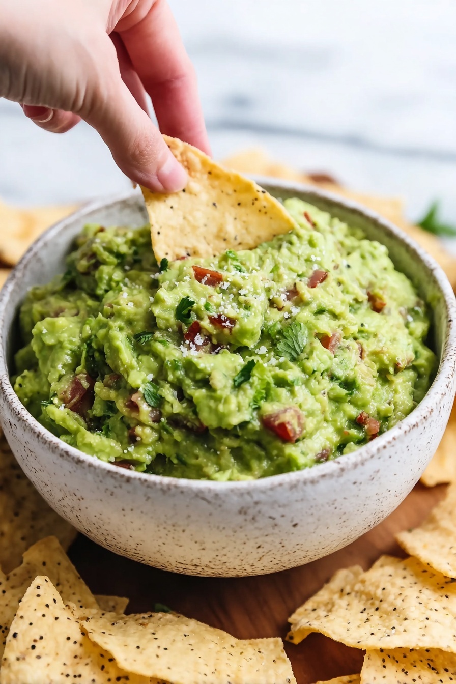 A white speckled bowl filled with chunky guacamole that has a bright green texture mixed with small pieces of red tomatoes and bits of green herbs, with a single light beige chip speckled with black seeds being dipped into the guacamole by a woman's hand. The bowl sits on a wooden surface surrounded by more chips of the same kind, all against a white marbled background. photo taken with an iphone --ar 2:3 --v 7 - Easy Fresh Guacamole, Guacamole Rezept, quick guacamole recipe, homemade guacamole, authentic guacamole dip