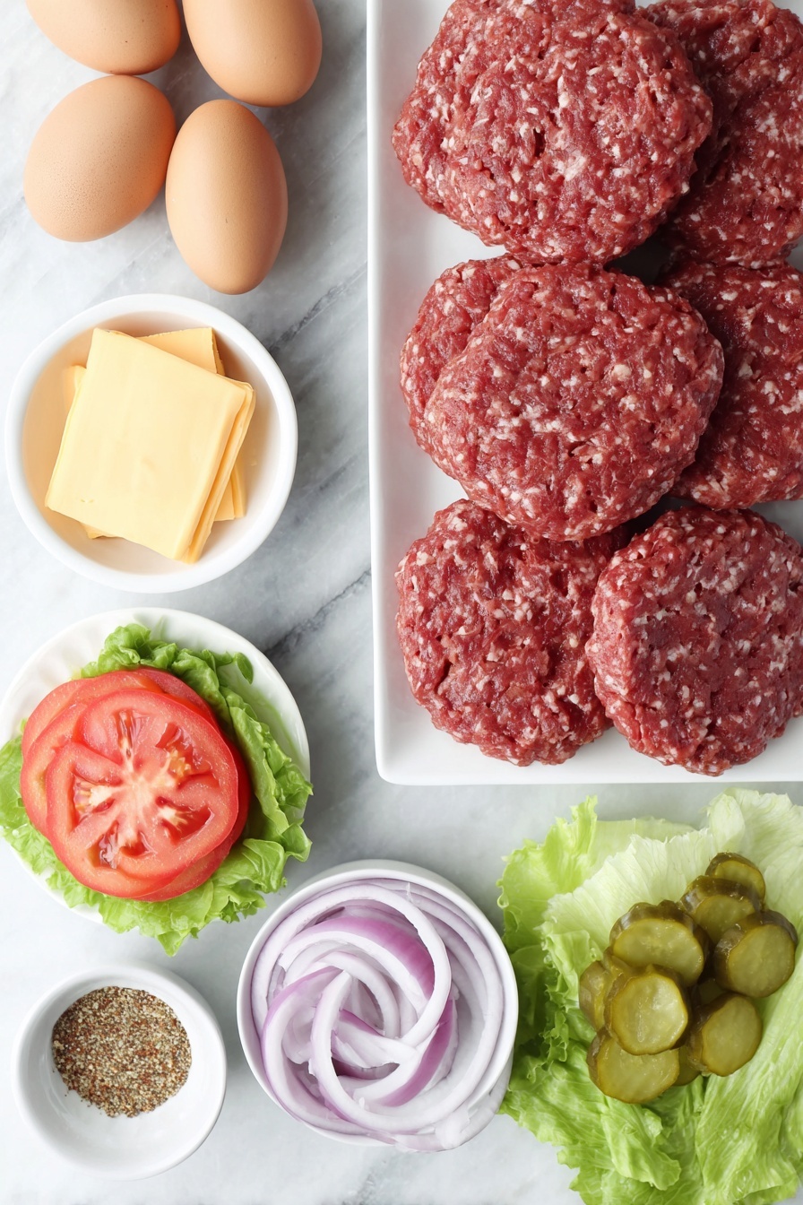 Flat lay of fresh raw ground chuck formed into round patties, a small white ceramic bowl of mixed dry spices including paprika and black pepper, a few whole brown eggs with clean shells, six soft golden hamburger buns, six square slices of creamy American cheese, crisp green lettuce leaves, thinly sliced bright red beefsteak tomato on a white ceramic plate, thinly sliced rings of red onion arranged neatly, six round pickle slices on a small white bowl, placed on a clean white marble surface, soft natural light, photo taken with an iPhone, professional food photography style, fresh ingredients, white ceramic bowls, no bottles, no duplicates, no utensils, no packaging --ar 2:3 --v 7 --p m7354615311229779997 - Ultimate Beef Burger, beef burger recipe, homemade beef burger, juicy burger patties, flavorful burger idea