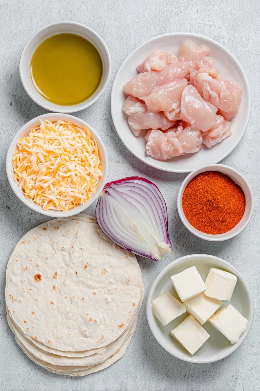 Flat lay of a small white ceramic bowl of golden cooking oil, a simple white plate with raw chicken breast pieces, a neat pile of bright orange-red taco seasoning powder on a small white bowl, half a large fresh red bell pepper diced, half a yellow onion diced with vibrant white and purple layers visible, a small white bowl holding creamy unsalted butter cubes, six soft white flour tortillas stacked evenly, and a small white ceramic bowl filled with shredded yellow and white Mexican cheese blend, placed on a clean white marble surface, soft natural light, photo taken with an iPhone, professional food photography style, fresh ingredients, white ceramic bowls, no bottles, no duplicates, no utensils, no packaging --ar 2:3 --v 7 --p m7354615311229779997 - Easy Chicken Quesadillas, cheesy chicken quesadillas, quick dinner ideas, easy quesadilla recipe, simple chicken quesadillas