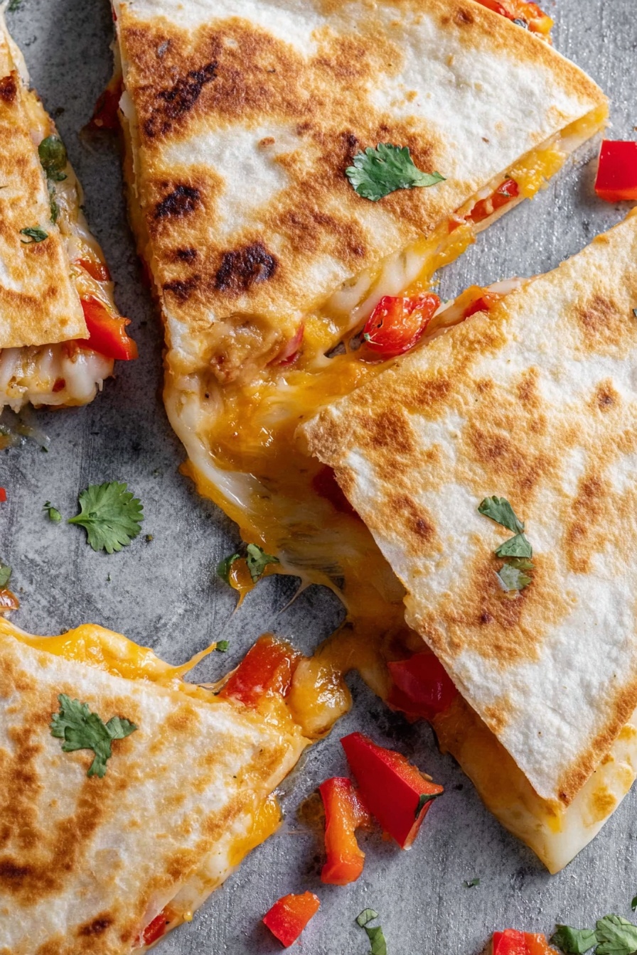 A close-up view of three triangular quesadillas sitting on a gray surface with melted orange-yellow cheese stretching between one open slice and the rest. The quesadillas have a golden-brown toasted tortilla layer on top, showing uneven char spots. Inside, you can see melted cheese with some red pieces of bell pepper, creating a melted, soft layer under the tortilla. Small green cilantro leaves and diced red bell peppers are scattered around the quesadillas on the surface. The scene feels warm and freshly cooked, with textures of toasted bread and gooey cheese. photo taken with an iphone --ar 2:3 --v 7 - Easy Chicken Quesadillas, cheesy chicken quesadillas, quick dinner ideas, easy quesadilla recipe, simple chicken quesadillas