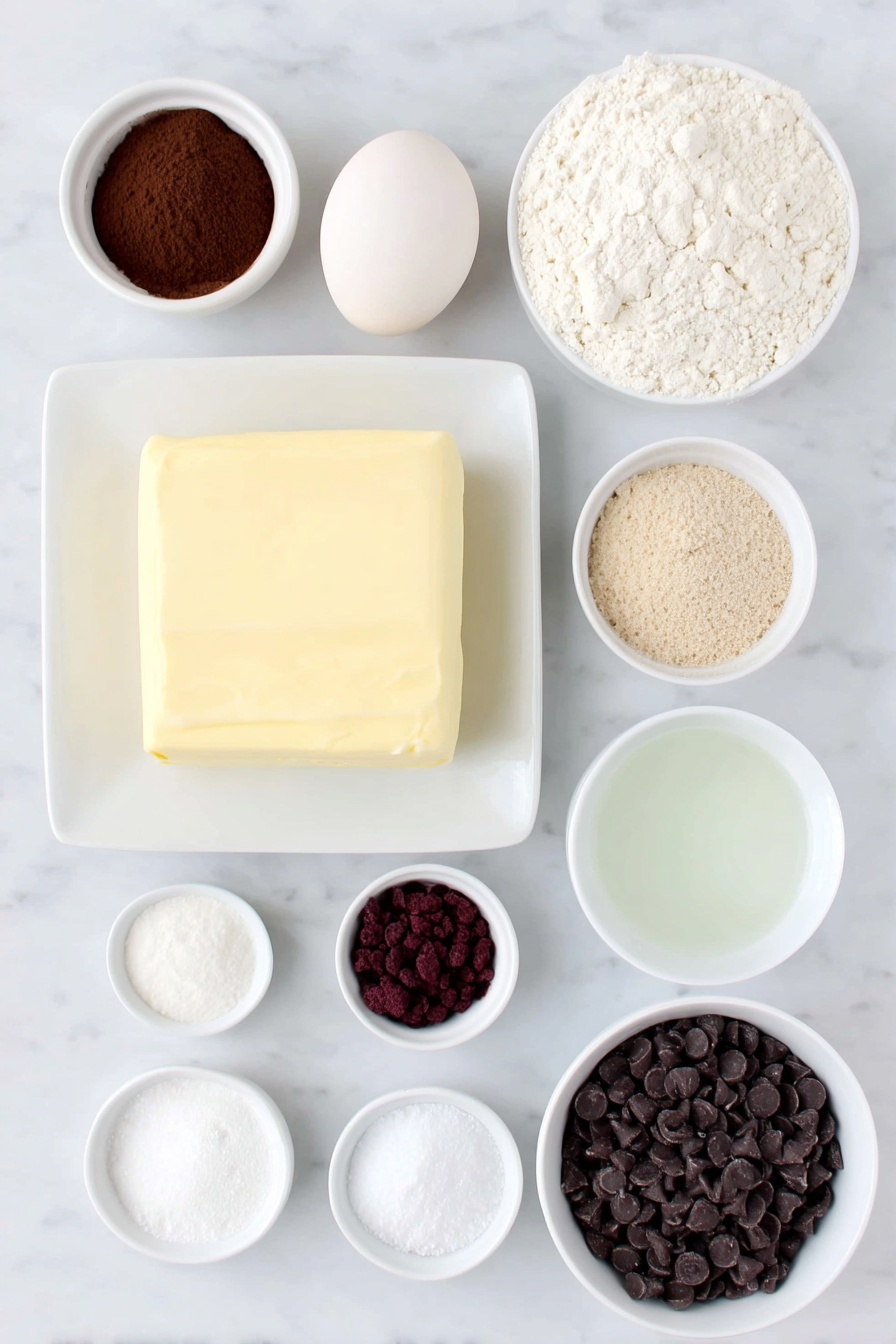Flat lay of a large square of unsalted butter at room temperature, a small mound of packed light brown sugar, one large whole uncracked egg with a clean shell, a small white bowl of clear vanilla extract, a small white bowl of all-purpose flour, a small white bowl of Dutch-processed cocoa powder, a small white bowl containing baking soda, a small white bowl containing baking powder, a small white bowl of fine salt, a small white bowl filled with bright red freeze dried strawberries, a small white bowl filled with shiny semisweet chocolate chips, and a small white bowl holding smooth coconut oil, all arranged with perfect symmetry on a clean white marble surface, soft natural light, photo taken with an iPhone, professional food photography style, fresh ingredients, white ceramic bowls, no bottles, no duplicates, no utensils, no packaging --ar 2:3 --v 7 --p m7354615311229779997 - Chocolate Covered Strawberry Cookies, strawberry cookies with chocolate, chocolate strawberry cookie recipe, easy strawberry cookies, best chocolate cookies with strawberries