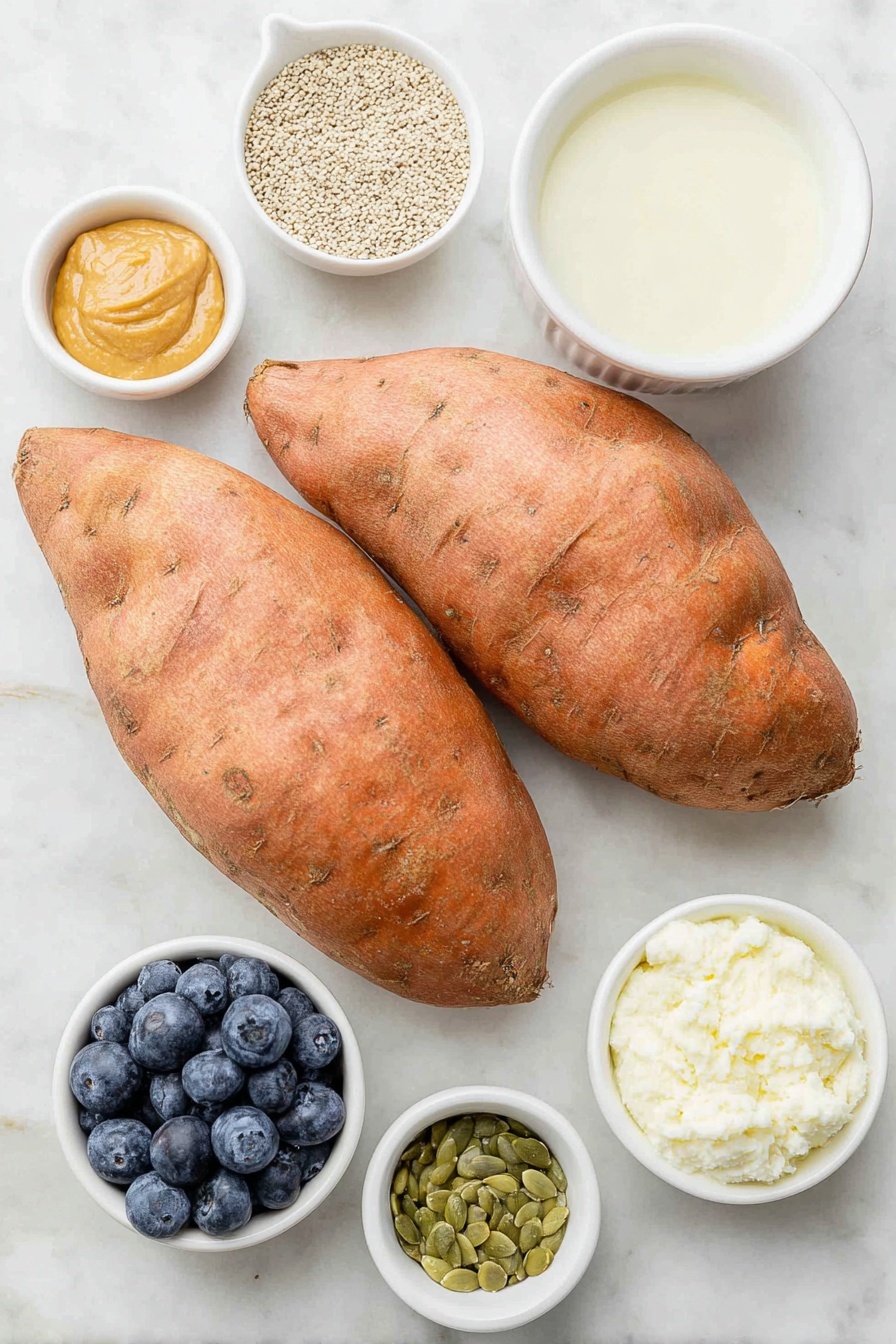 Flat lay of two whole large sweet potatoes with rustic orange skin, a small white bowl of raw hemp seeds, a small white bowl filled with creamy almond milk, a small white bowl holding smooth almond butter, a small white bowl of golden maple syrup, a small white bowl of ground cinnamon powder, a small white bowl of vanilla extract, a small heap of fresh plump blueberries, a small pile of green pumpkin seeds, and a dollop of plain Greek yogurt in a small white bowl, all arranged symmetrically with balanced spacing, placed on a clean white marble surface, soft natural light, photo taken with an iPhone, professional food photography style, fresh ingredients, white ceramic bowls, no bottles, no duplicates, no utensils, no packaging --ar 2:3 --v 7 --p m7354615311229779997 - Sweet Potato Breakfast Bowl with Blueberries, healthy breakfast recipes, nutritious breakfast ideas, easy breakfast bowls, antioxidant-rich breakfast
