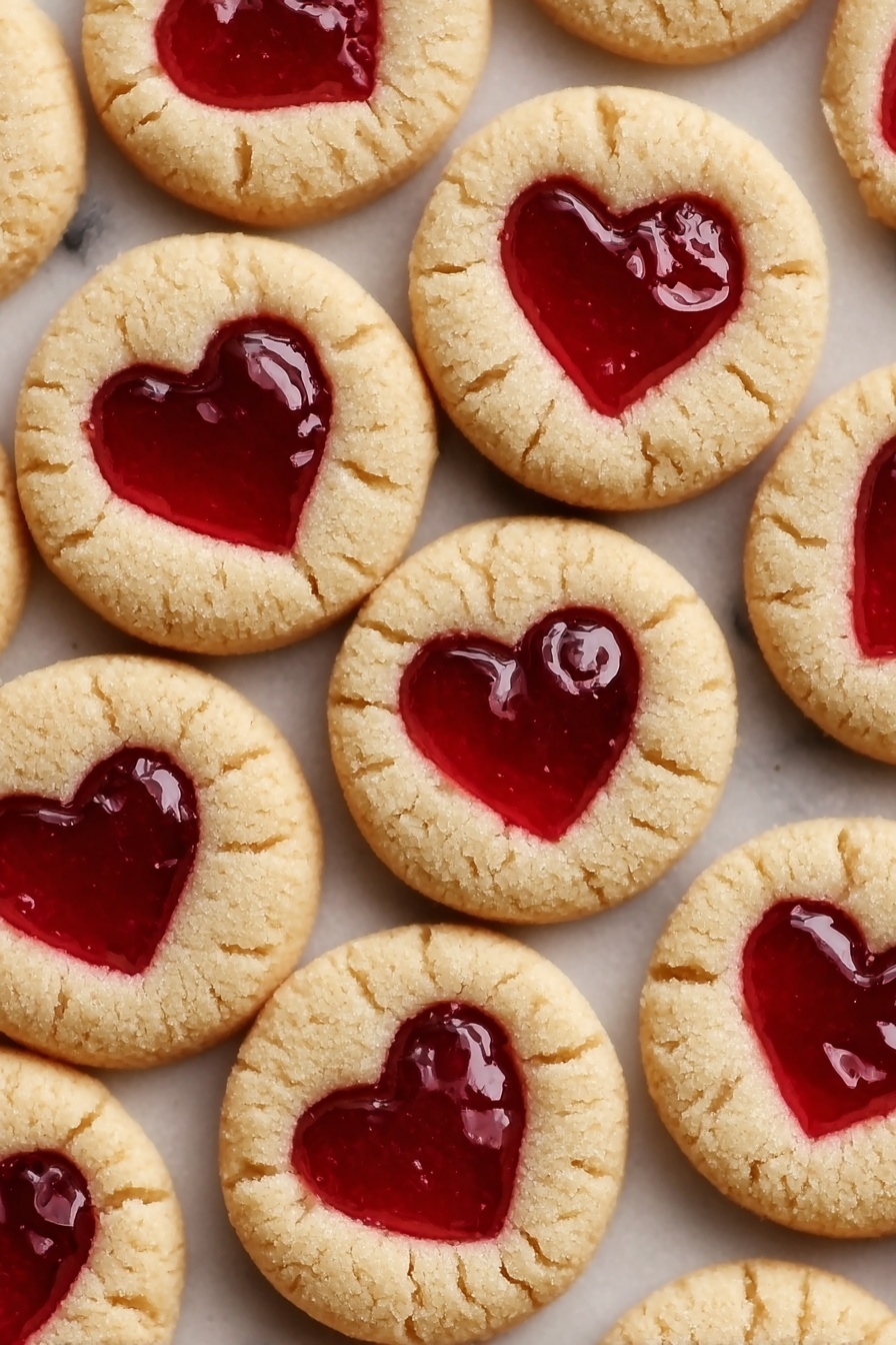 The image shows many round cookies with a light golden-brown color, each having a heart-shaped red jelly in the center. The cookies have a smooth, slightly cracked texture around the edges, surrounding the soft, shiny jam shapes. The cookies are placed closely together on a white marbled surface without any plate visible. Photo taken with an iphone --ar 2:3 --v 7 - Heart Thumbprint Cookies with Jam, thumbprint jam cookies, heart-shaped thumbprint cookies, easy thumbprint cookies recipe, festive jam cookies