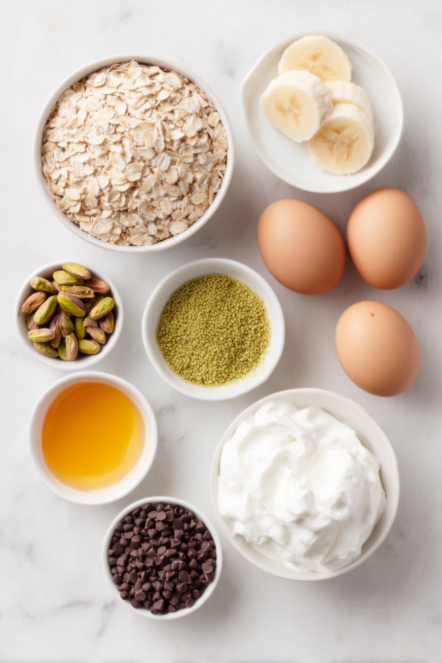 Flat lay of a small pile of rolled oats, a cup of plain Greek yogurt in a simple white ceramic bowl, a few tablespoons of bright green instant pistachio pudding powder in a small white bowl, a small white bowl filled with tiny black chia seeds, two whole uncracked brown eggs, a small white bowl of smooth honey with a golden hue, a few halves of fresh green pistachios scattered neatly, a perfectly peeled and sliced banana arranged in a fan shape, dark chocolate chips clustered in a small white bowl, and a dollop of fluffy whipped cream in another white ceramic bowl, all placed on a clean white marble surface, soft natural light, photo taken with an iPhone, professional food photography style, fresh ingredients, white ceramic bowls, no bottles, no duplicates, no utensils, no packaging --ar 2:3 --v 7 --p m7354615311229779997 - Creamy Pistachio Protein Overnight Oats, pistachio overnight oats, healthy protein breakfast, easy overnight oats recipe, high protein morning meal