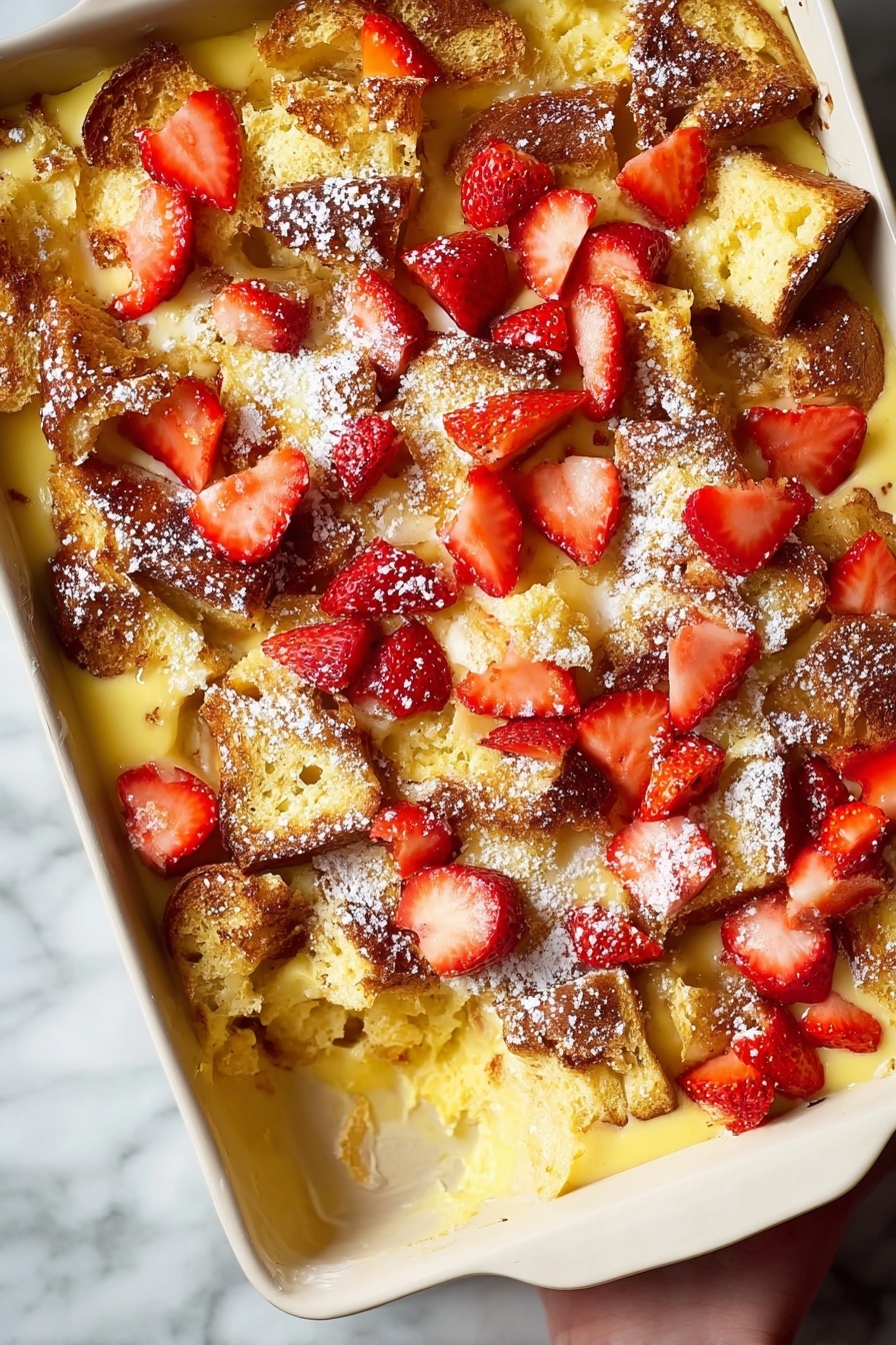 A deep white baking dish filled with several layers starting with toasted bread pieces that are golden brown and slightly crispy, topped with a thick creamy yellow custard layer that seeps into the bread, sprinkled with a light dusting of white powdered sugar across the surface. Fresh, bright red strawberry pieces are scattered evenly over the top, adding a fresh and juicy texture contrast. The dish is placed on a white marbled surface, and a woman's hand is holding the baking dish at the corner. photo taken with an iphone --ar 2:3 --v 7 - Strawberries and Cream Baked French Toast, baked French toast with strawberries and cream, easy strawberry brioche breakfast, luscious baked French toast, weekend brunch French toast