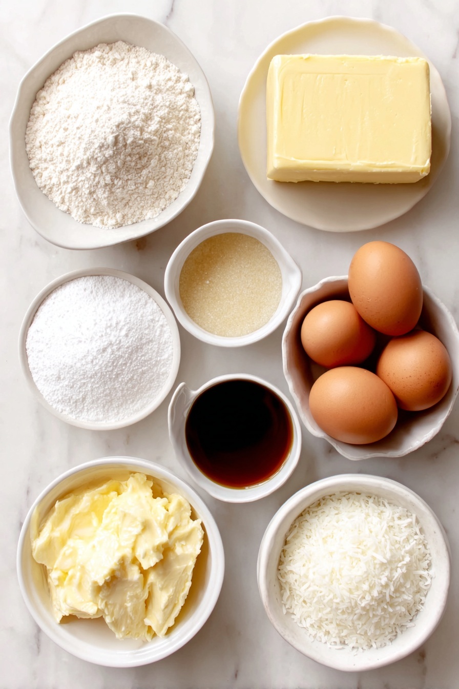 Flat lay of a small mound of all-purpose flour in a simple white ceramic bowl, a small white bowl with fine cornstarch powder, a tiny white bowl holding pale beige baking powder, a pinch of salt displayed loosely on a clean white ceramic dish, a large rectangular block of unsalted butter with a creamy pale yellow color on a white ceramic plate, a small heap of granulated white sugar in a white bowl, three whole brown eggs with smooth uncracked shells, a small white bowl containing clear pale vanilla extract, a dollop of glossy golden dulce de leche in a white bowl, and a small white bowl filled with snowy white desiccated coconut — all ingredients fresh and natural, arranged in perfect symmetry and balanced proportions, placed on a clean white marble surface, soft natural light, photo taken with an iPhone, professional food photography style, fresh ingredients, white ceramic bowls, no bottles, no duplicates, no utensils, no packaging --ar 2:3 --v 7 --p m7354615311229779997 - Heart Sandwich Cookies with Dulce de Leche, almond cookies with caramel filling, Valentine's Day cookie ideas, cute sandwich cookies, sweet filled cookie recipe