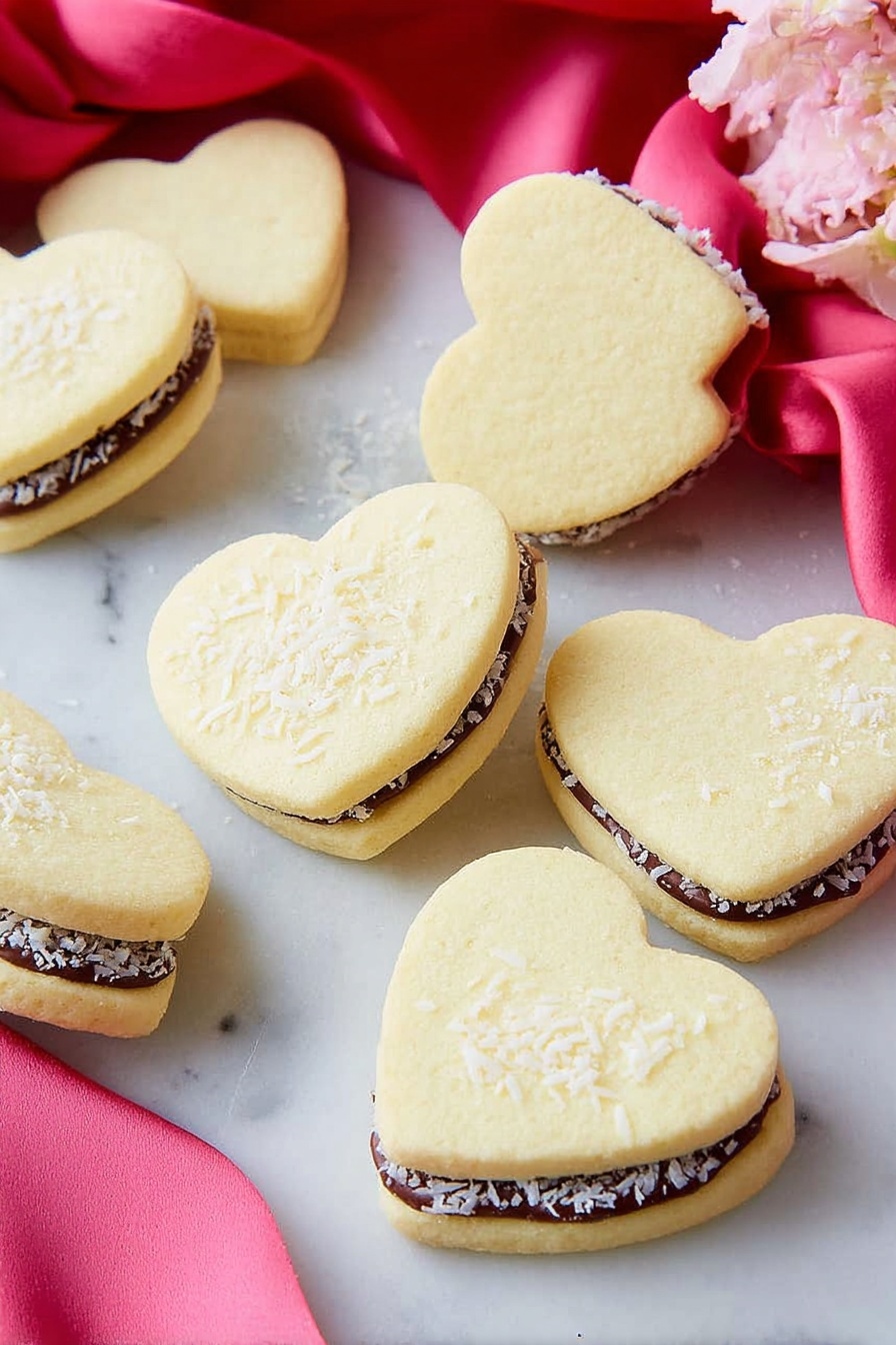 The image shows heart-shaped sandwich cookies on a white marbled surface. Each cookie has two pale yellow, smooth-textured cookie layers with a flat and slightly crumbly look. Inside, there is a middle layer of dark brown filling that appears soft and creamy, edged with small white sprinkles that look like shredded coconut. The cookies are scattered casually, some standing upright showing the side view of the sandwich, while others lie flat. Pink and red silky fabric pieces are draped around the cookies, adding a soft contrast to the white marbled background. photo taken with an iphone --ar 2:3 --v 7 - Heart Sandwich Cookies with Dulce de Leche, almond cookies with caramel filling, Valentine's Day cookie ideas, cute sandwich cookies, sweet filled cookie recipe
