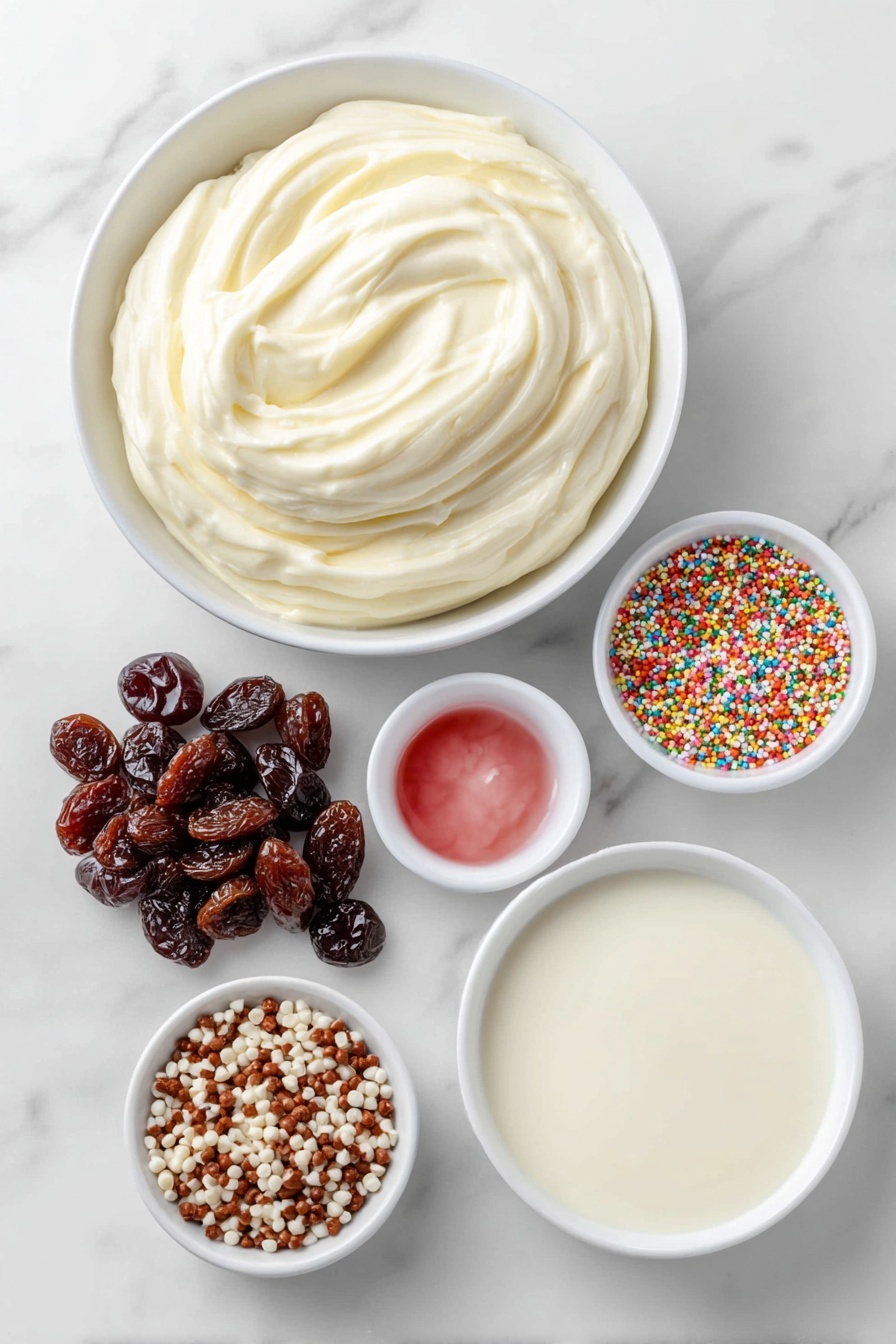 Flat lay of a simple white ceramic bowl filled with smooth white chocolate melting wafers, a small white bowl holding thick sweetened condensed milk, a tiny white bowl containing a few drops of vibrant pink gel food coloring, a handful of glossy dried cherries, and a small pile of colorful sprinkles, all arranged with perfect symmetry and balanced proportions, placed on a clean white marble surface, soft natural light, photo taken with an iPhone, professional food photography style, fresh ingredients, white ceramic bowls, no bottles, no duplicates, no utensils, no packaging --ar 2:3 --v 7 --p m7354615311229779997 - Pink White Chocolate Fudge, White Chocolate Fudge, Pink Fudge, Easy Fudge Recipe, No-Bake Fudge