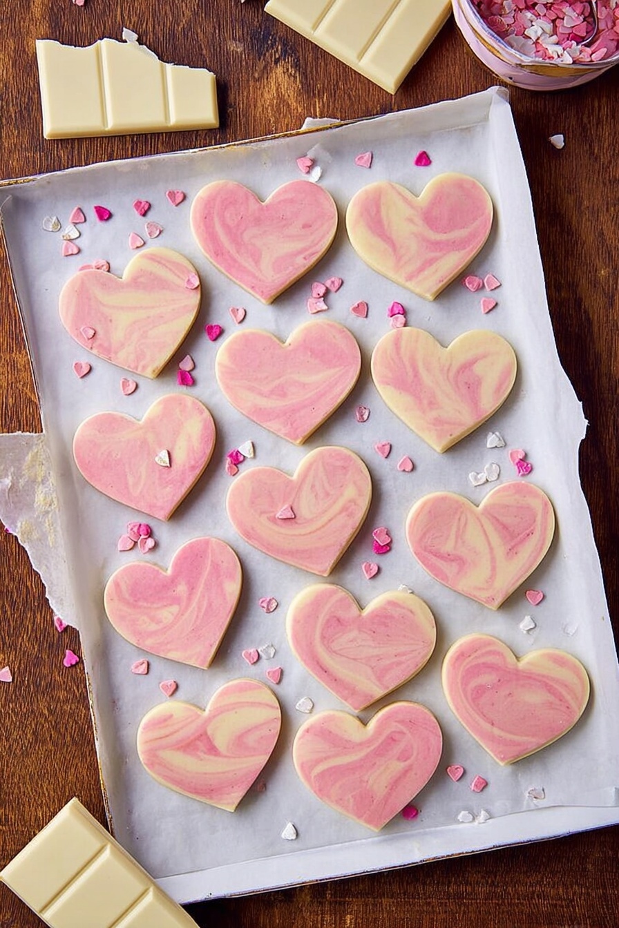 The image shows a stack of heart-shaped cookies with two visible layers. The bottom layer is a pale yellow cookie base, smooth and thick. The top layer is a pink icing with a soft marbled pattern in deeper pink shades, covering the entire cookie surface with a smooth, glossy texture. A small white heart-shaped sprinkle sits on the top right side of the top cookie. The cookies rest on a white marbled textured surface with scattered small heart-shaped sprinkles in pink and white around them. Photo taken with an iphone --ar 2:3 --v 7 - Pink White Chocolate Fudge, White Chocolate Fudge, Pink Fudge, Easy Fudge Recipe, No-Bake Fudge