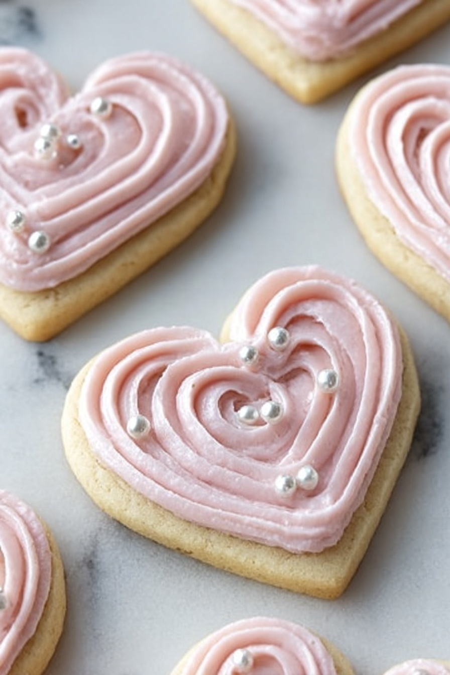 The image shows several heart-shaped cookies on a white marbled surface. Each cookie has one main layer of pale yellow dough topped with a thick layer of pale pink frosting. The frosting is piped in smooth, rounded swirls following the heart shape, creating a soft texture. Small white and silver edible pearls are scattered across the frosting, adding decorative spots. The cookies are arranged close to each other, filling the frame. photo taken with an iphone --ar 2:3 --v 7 - Soft Sour Cream Sugar Cookies with Cream Cheese Frosting, sour cream sugar cookies, cream cheese frosting cookies, tender sugar cookie recipe, easy holiday cookie recipes