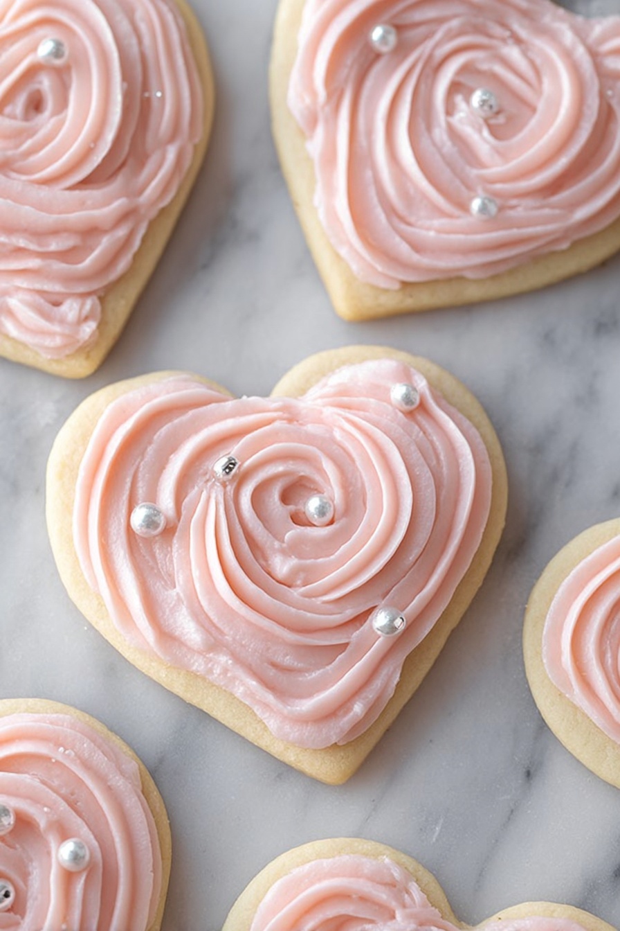 The image shows heart-shaped cookies topped with light pink frosting arranged on a white marbled surface. Each cookie has one thick base layer of golden-baked dough with a smooth texture, and the frosting is piped in tight, even swirls that follow the heart shape, creating a raised, soft layer. Small shiny white and silver pearl sprinkles are scattered on top of and around the frosting, adding a delicate touch of decoration. The cookies have soft edges, and the frosting looks creamy and smooth. Photo taken with an iphone --ar 2:3 --v 7 - Soft Sour Cream Sugar Cookies with Cream Cheese Frosting, sour cream sugar cookies, cream cheese frosting cookies, tender sugar cookie recipe, easy holiday cookie recipes