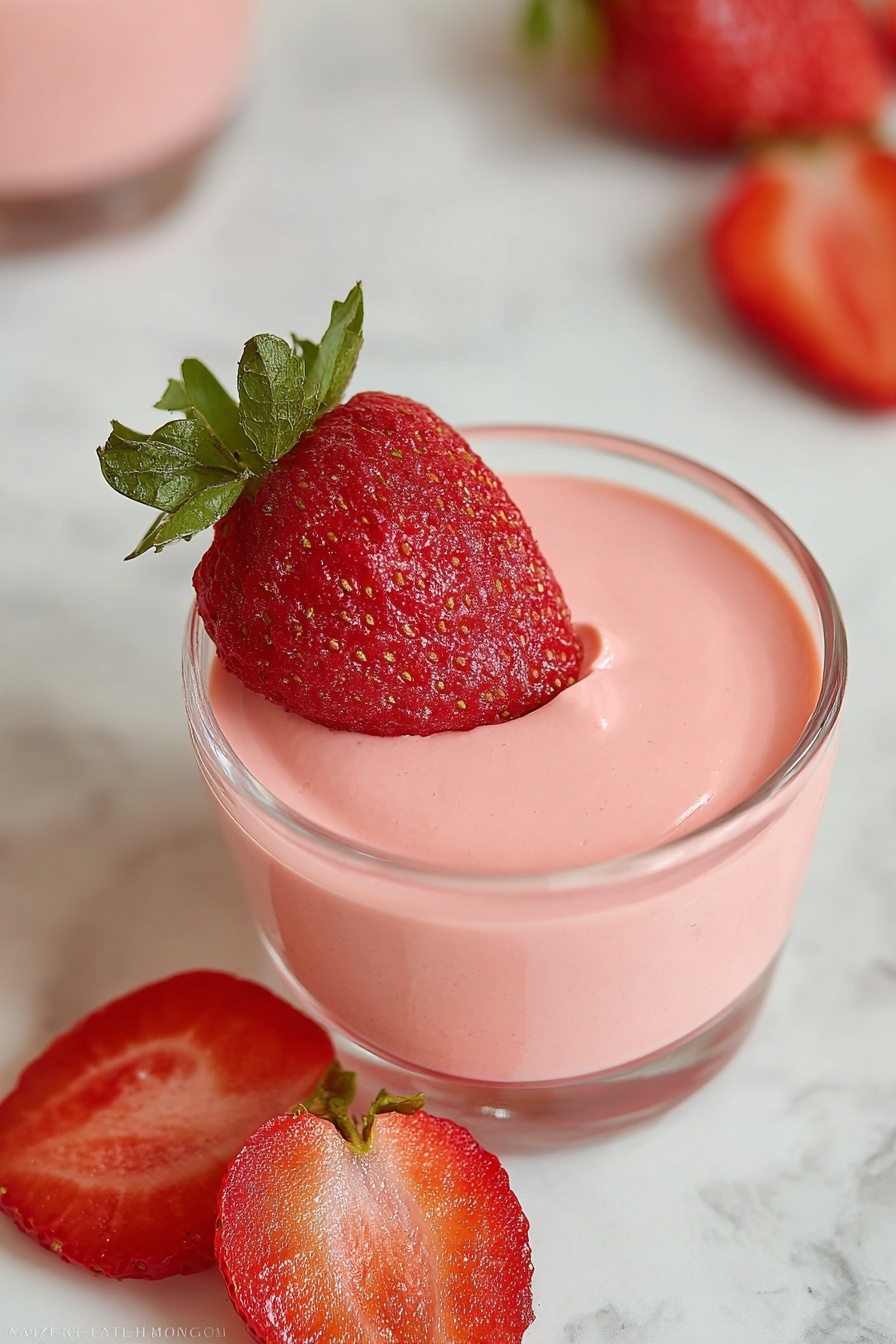 A clear glass cup holds a smooth, creamy pink layer of strawberry mousse, topped with a whole fresh red strawberry with green leaves. Around the cup, slices of bright red strawberry are placed on a white marbled surface. The mousse layer is even and thick, filling the cup almost to the top. Photo taken with an iphone --ar 2:3 --v 7 - Greek Yogurt Strawberry Jello, healthy strawberry jello, quick dessert with Greek yogurt, creamy fruity jello, easy strawberry dessert