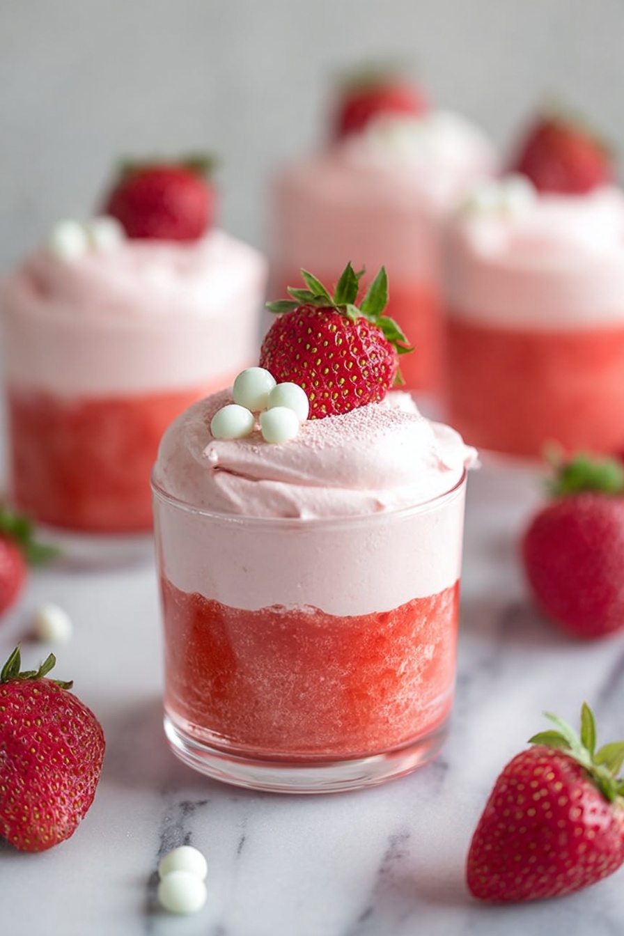 The image shows four clear glass cups filled with two layers of a strawberry dessert. The bottom layer is a bright red, smooth strawberry puree, and the top layer is a light pink, fluffy mousse that looks creamy and soft. Each cup is decorated on top with a fresh red strawberry and two or three small white meringue drops. The glasses sit on a white marbled surface with whole fresh strawberries scattered around and a small green leaf in the background. photo taken with an iphone --ar 2:3 --v 7 - Fresh Strawberry Mousse, strawberry mousse recipe, easy strawberry dessert, summer fruit mousse, light fruity dessert