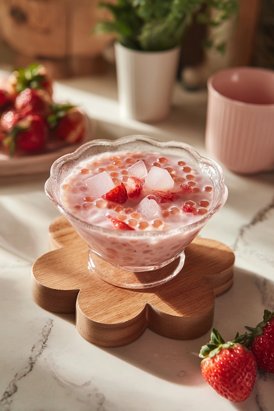 A clear glass filled with a creamy light pink drink that has small red tapioca balls and pieces of bright red strawberries mixed inside; the drink has ice cubes floating on top and a wooden spoon placed inside the glass, which sits on a wooden coaster shaped like a flower, all set on a white marbled surface with some whole strawberries and a white pot with a green plant blurred in the background; soft natural light casts gentle shadows on the scene photo taken with an iphone --ar 2:3 --v 7 - Strawberry Coconut Sago Pudding, tropical dessert with tapioca pearls, healthy fruit dessert, easy coconut pudding recipe, refreshing summer dessert